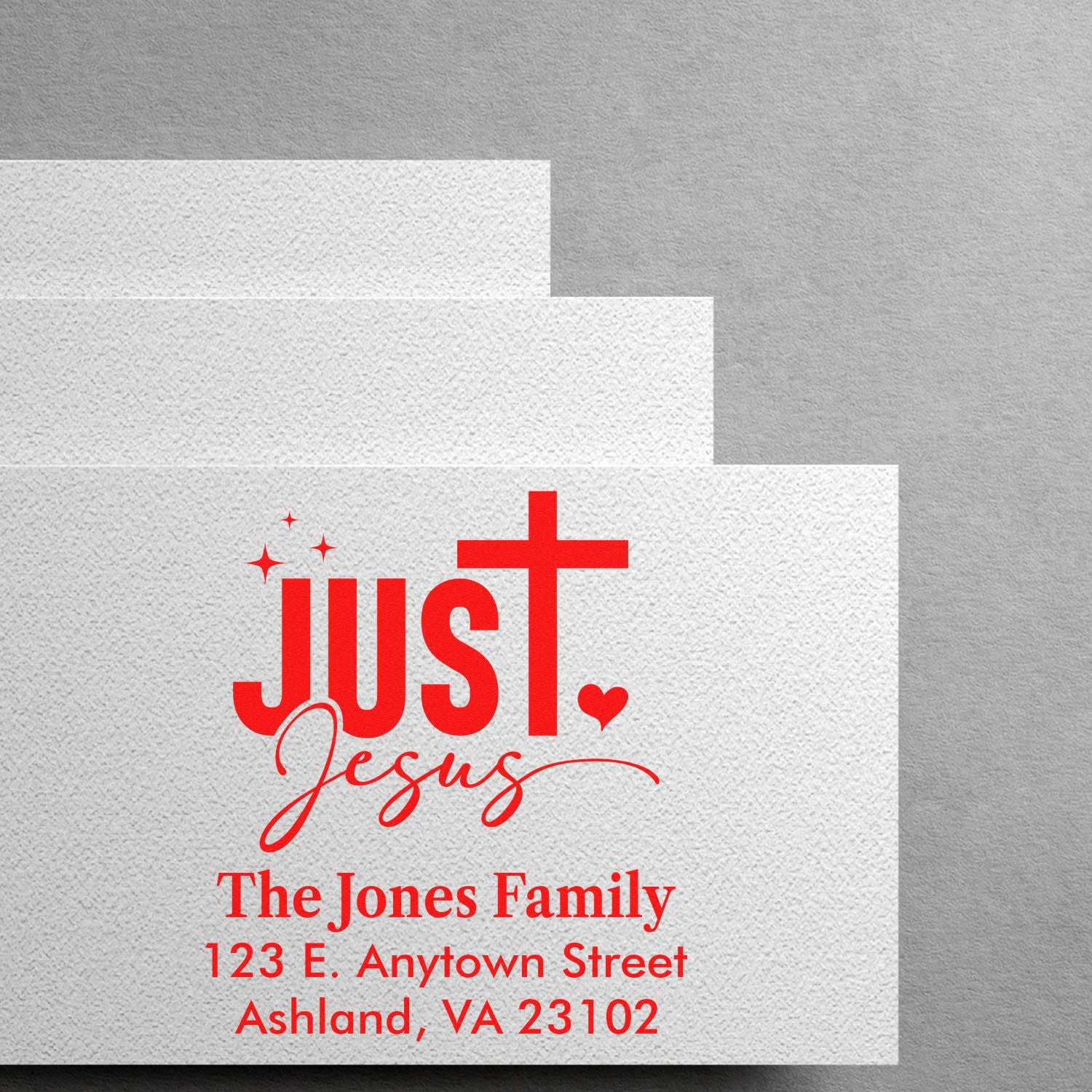 Personalized Christian return address rubber stamp with Just Jesus design for The Jones Family, Ashland, VA.