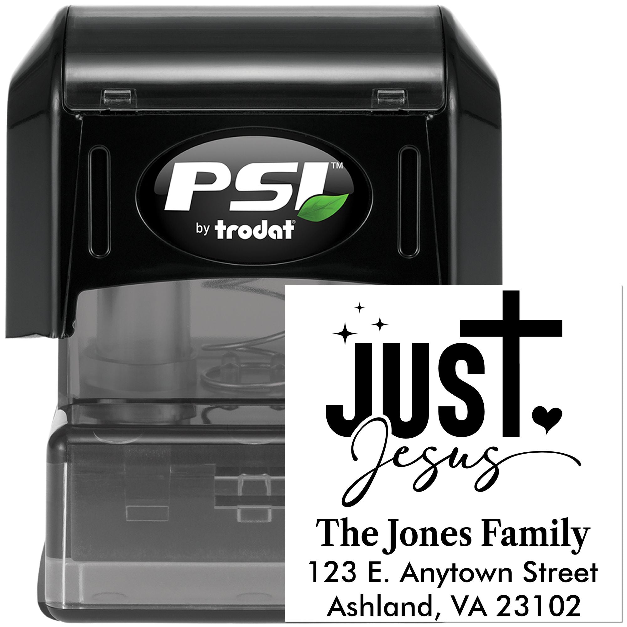 PSI by Trodat custom self-inking rubber stamp featuring Just Jesus family return address for envelopes.
