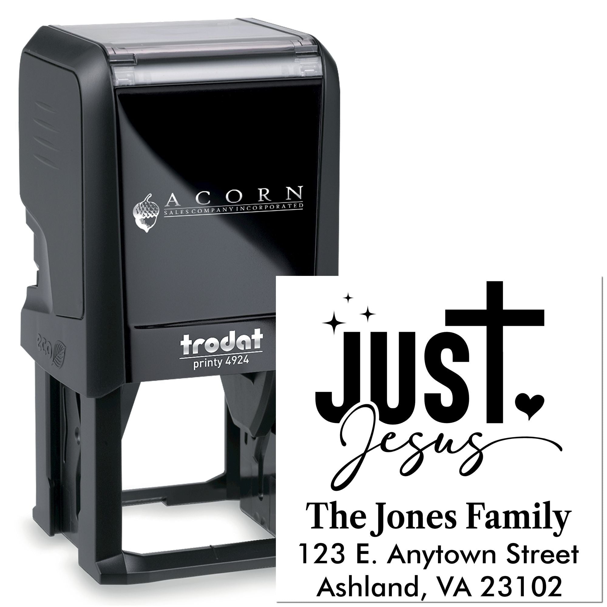 Custom self-inking address rubber stamp design with Just Jesus family name and address, Trodat Printy 4924.