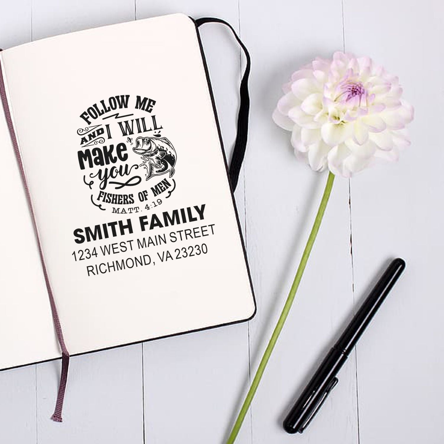 Custom Christian rubber stamp design with fishers of men verse, Smith family name, and address for personalized stamping.