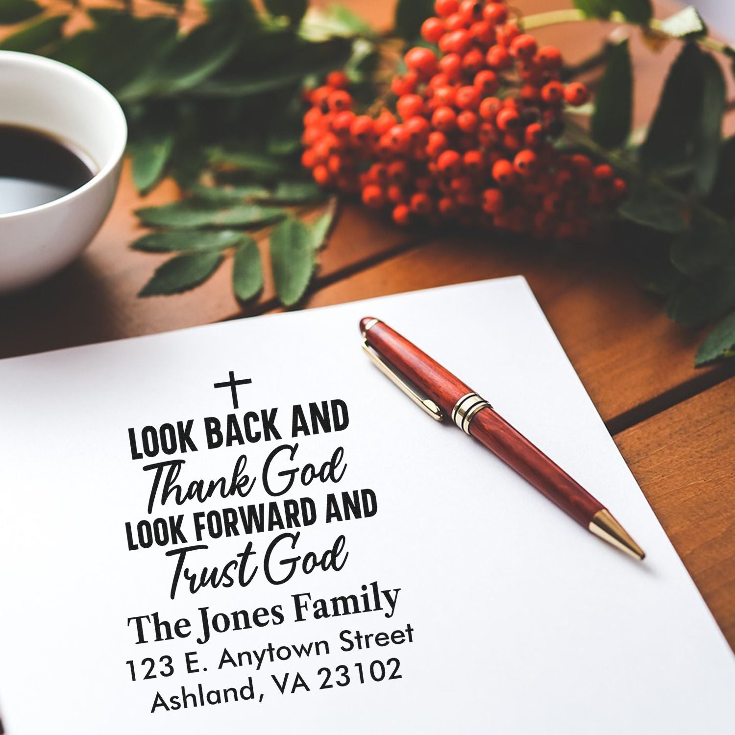 Personalized Christian address rubber stamp featuring Look Back and Thank God, Look Forward and Trust God.
