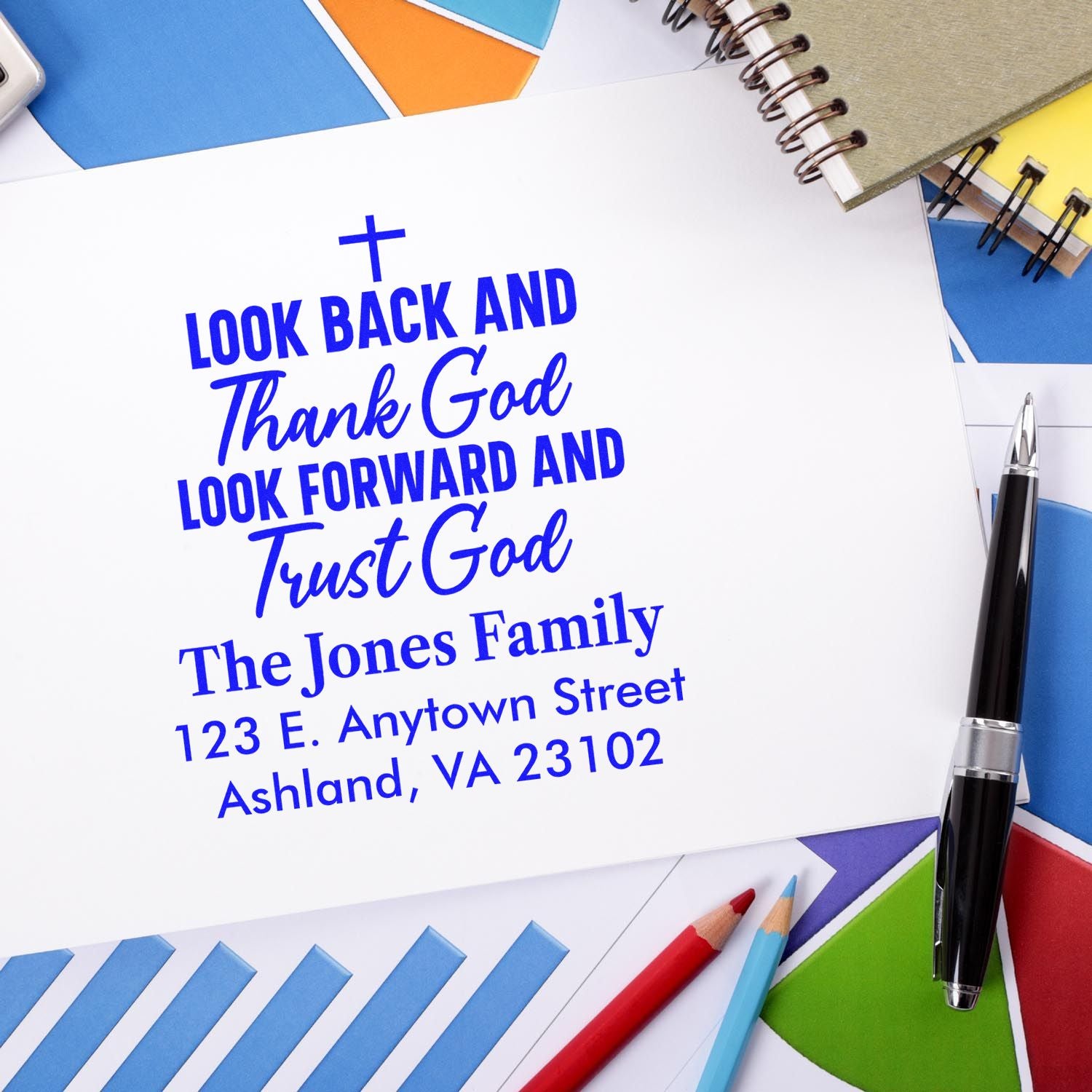 Personalized religious return address rubber stamp for The Jones Family with Look Back and Thank God, Look Forward and Trust God.
