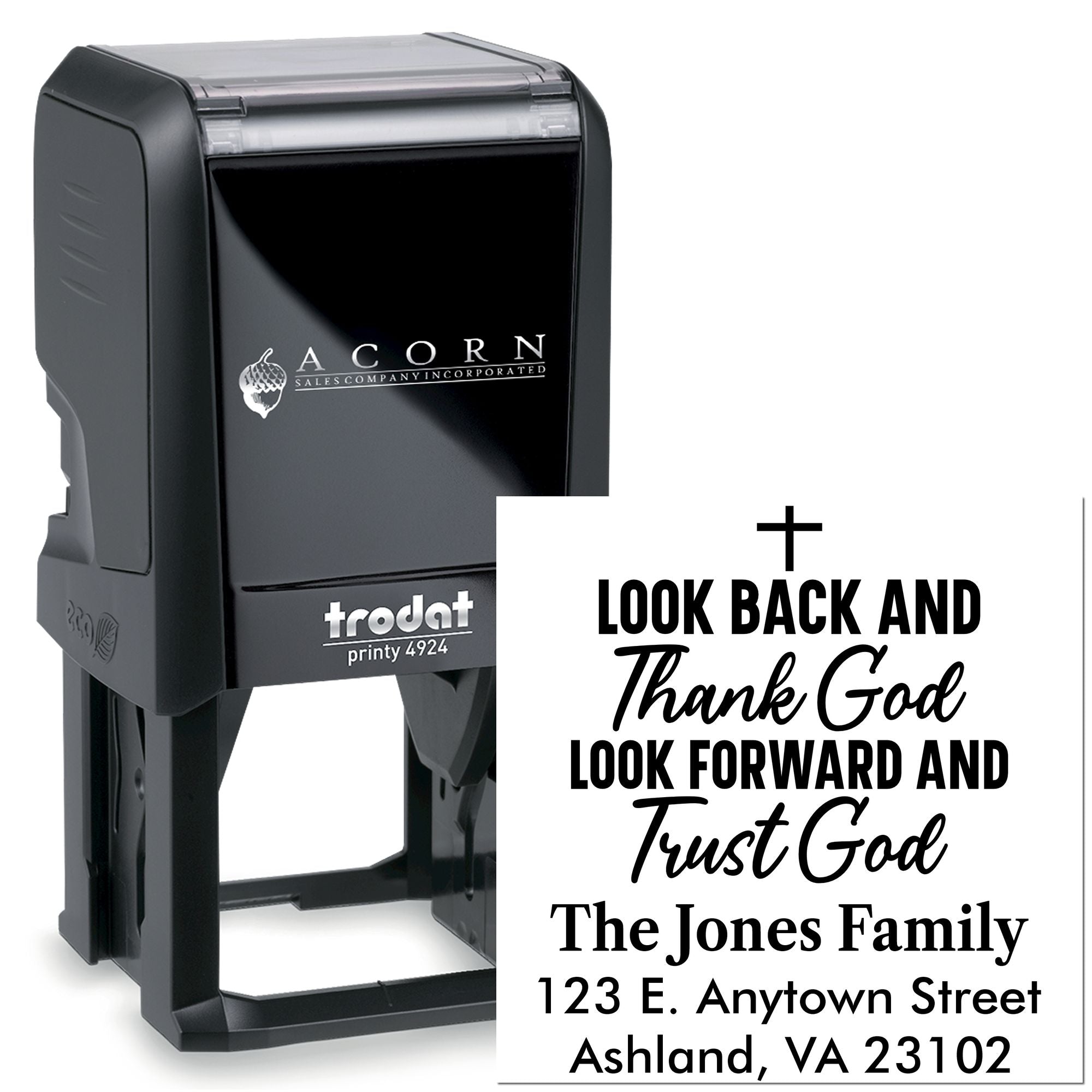 Self-inking rubber stamp for personalized Christian return address and family name, Trodat Printy 4924.