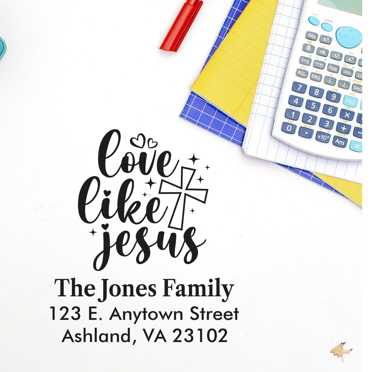 Custom rubber stamp with Love Like Jesus design and personalized family return address for Christian mailings.