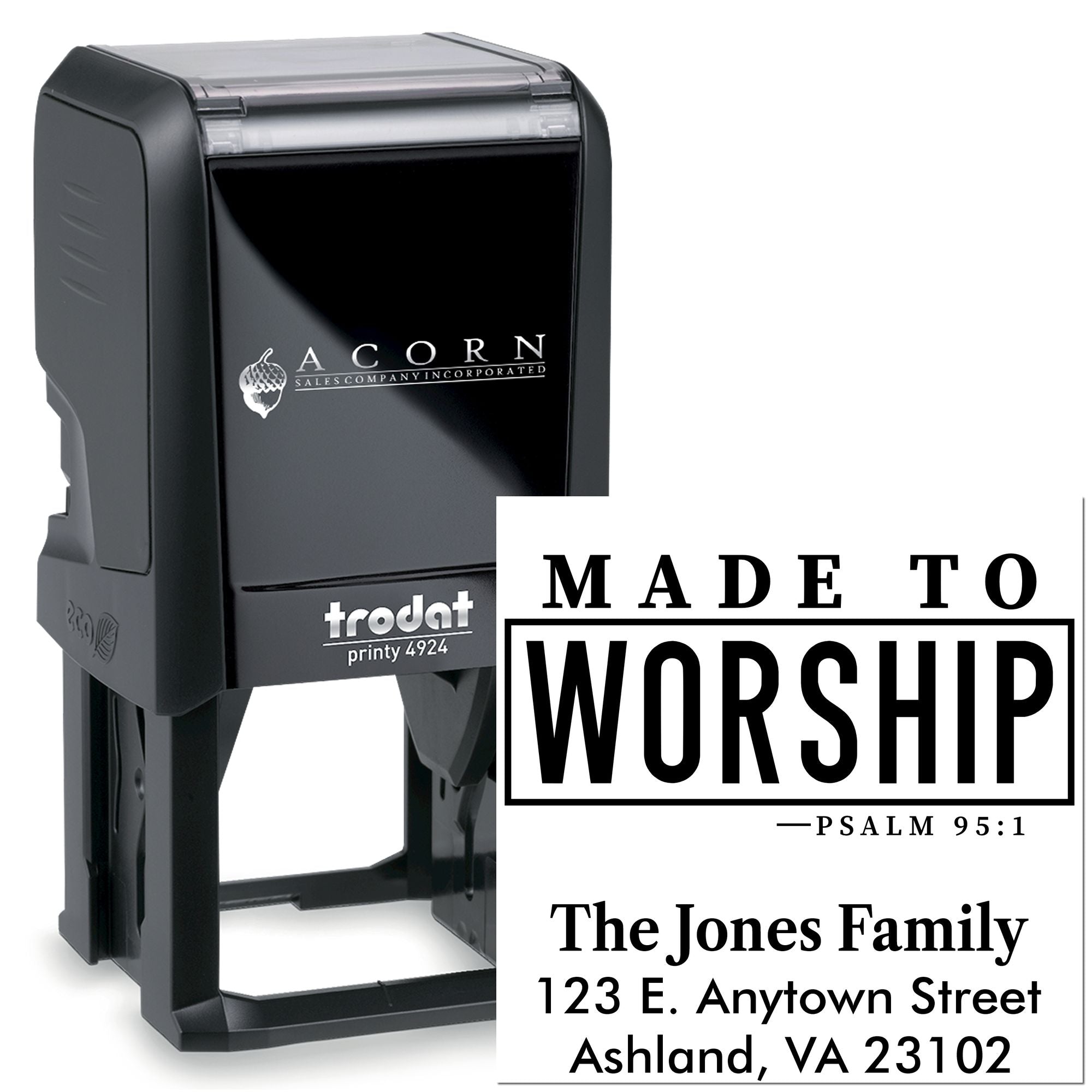Custom self-inking rubber stamp with Made to Worship Psalm 95:1 design for The Jones Family return address and church use.