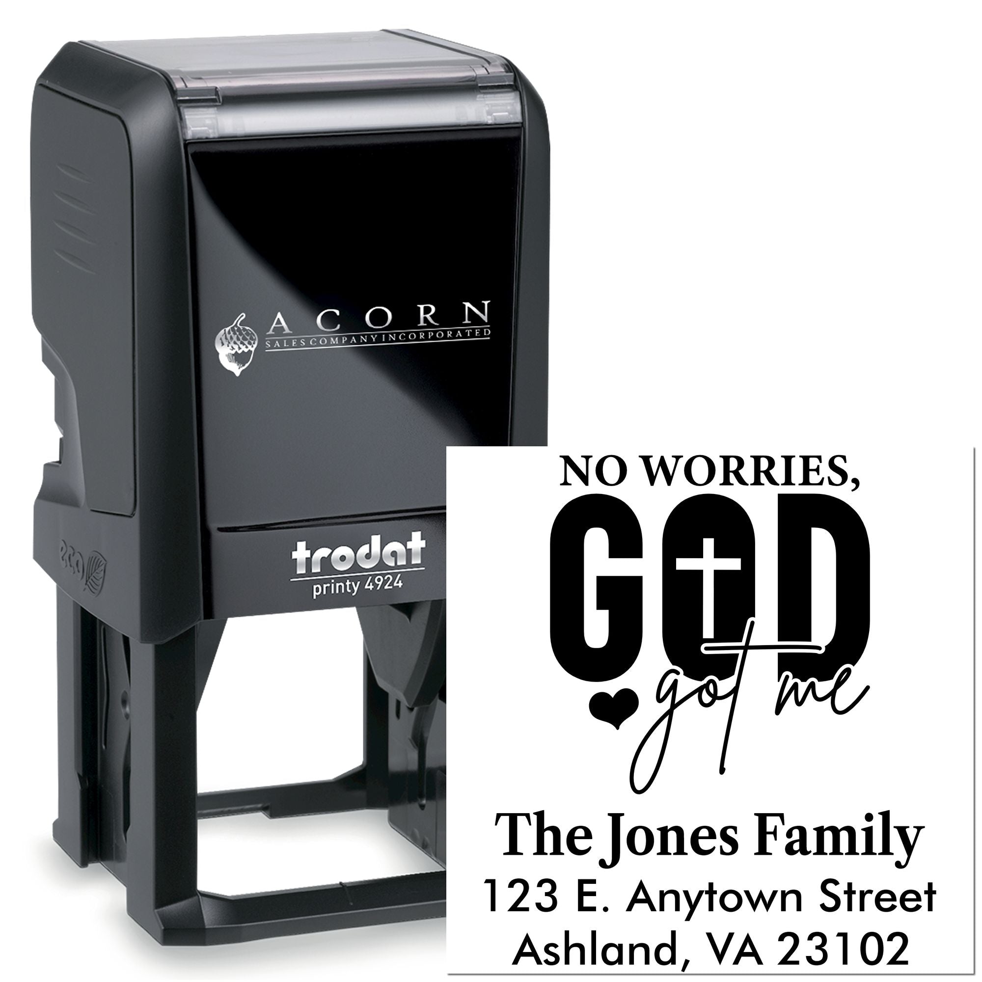 Custom self-inking rubber stamp with No Worries, God Got Me family address design for personalized mailing.