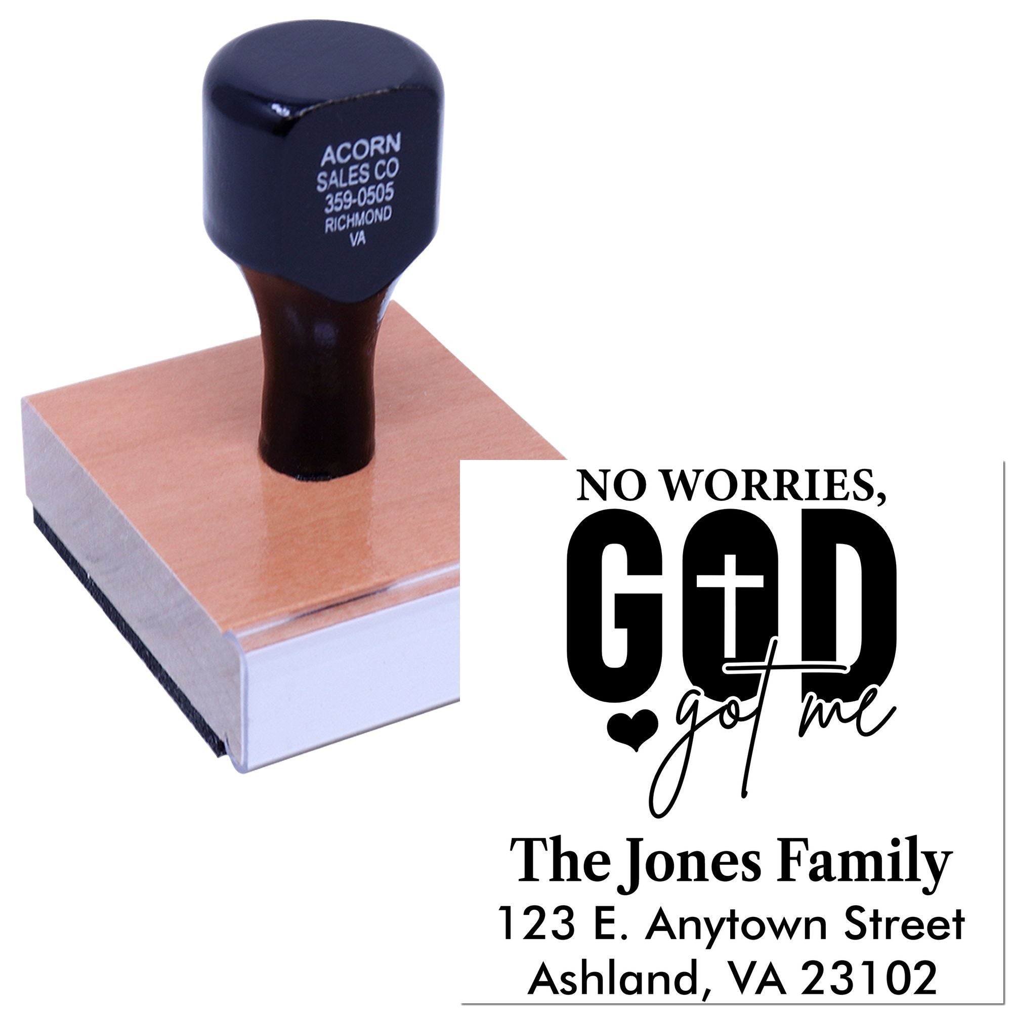 Custom address rubber stamp with No Worries, God Got Me design for personalized family mailings and craft projects.