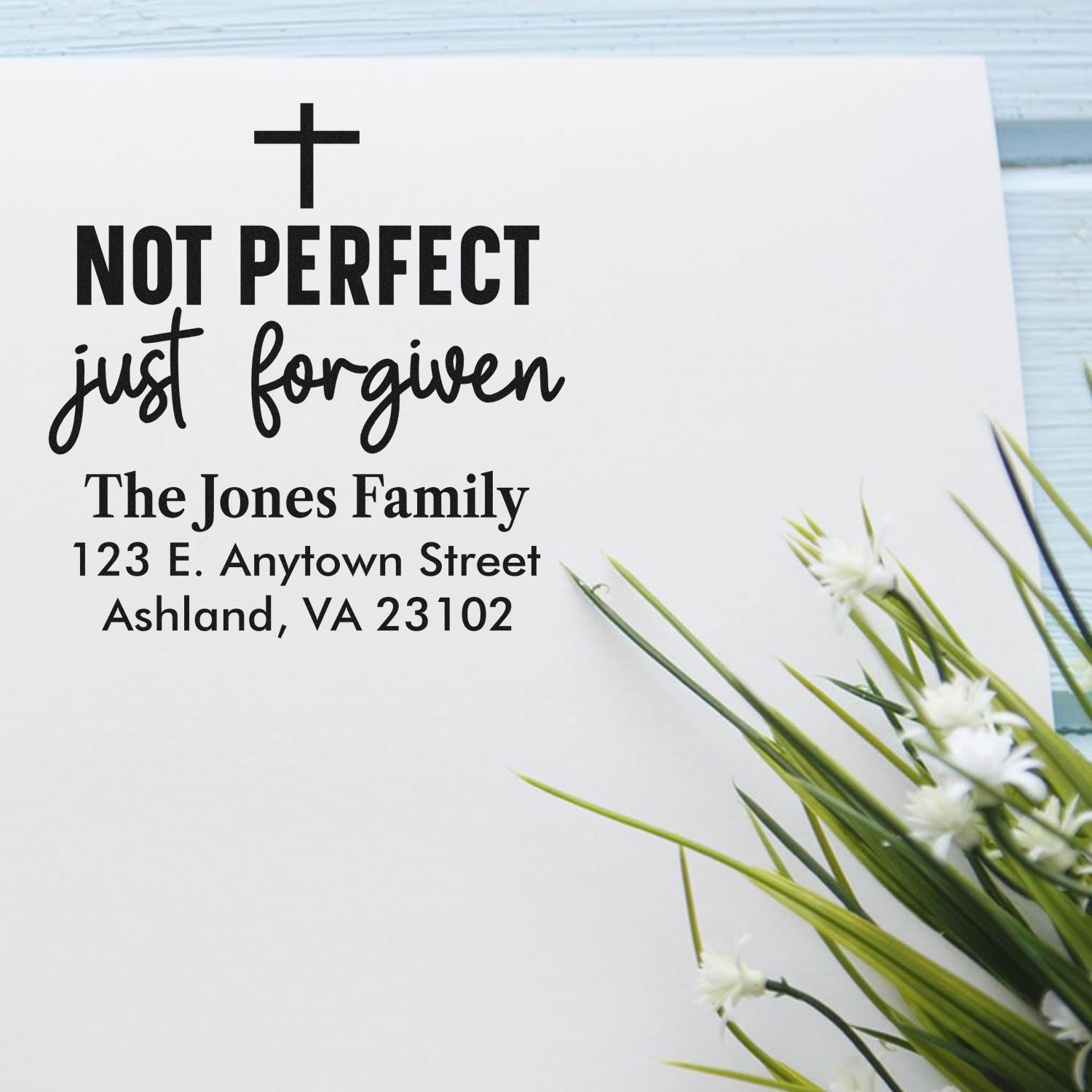 Personalized Christian return address rubber stamp with cross and "Not Perfect, Just Forgiven" for The Jones Family