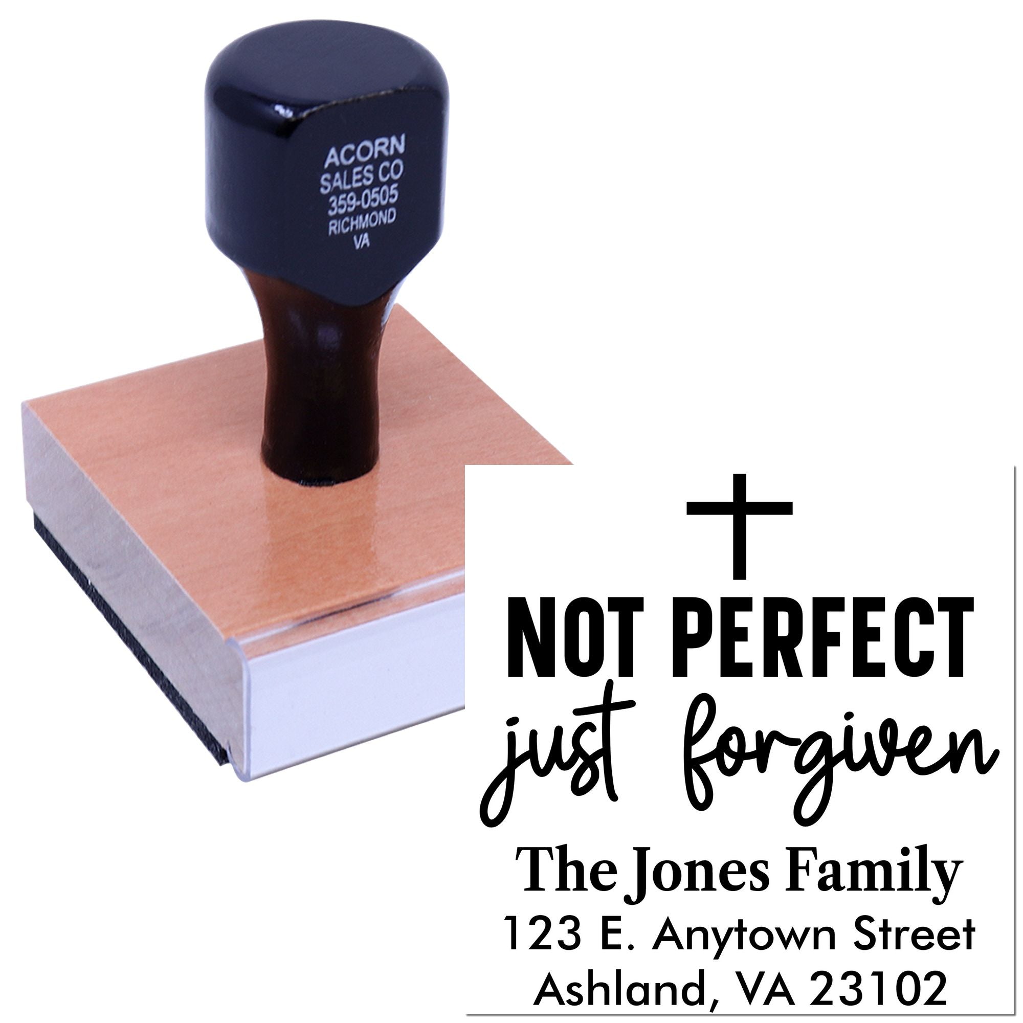 Custom Christian address rubber stamp with cross and Not Perfect Just Forgiven family name and address design.