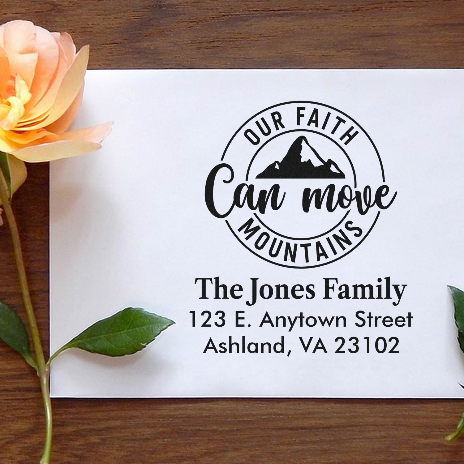 Custom family return address rubber stamp with mountain faith design, Our Faith Can Move Mountains, for The Jones Family.