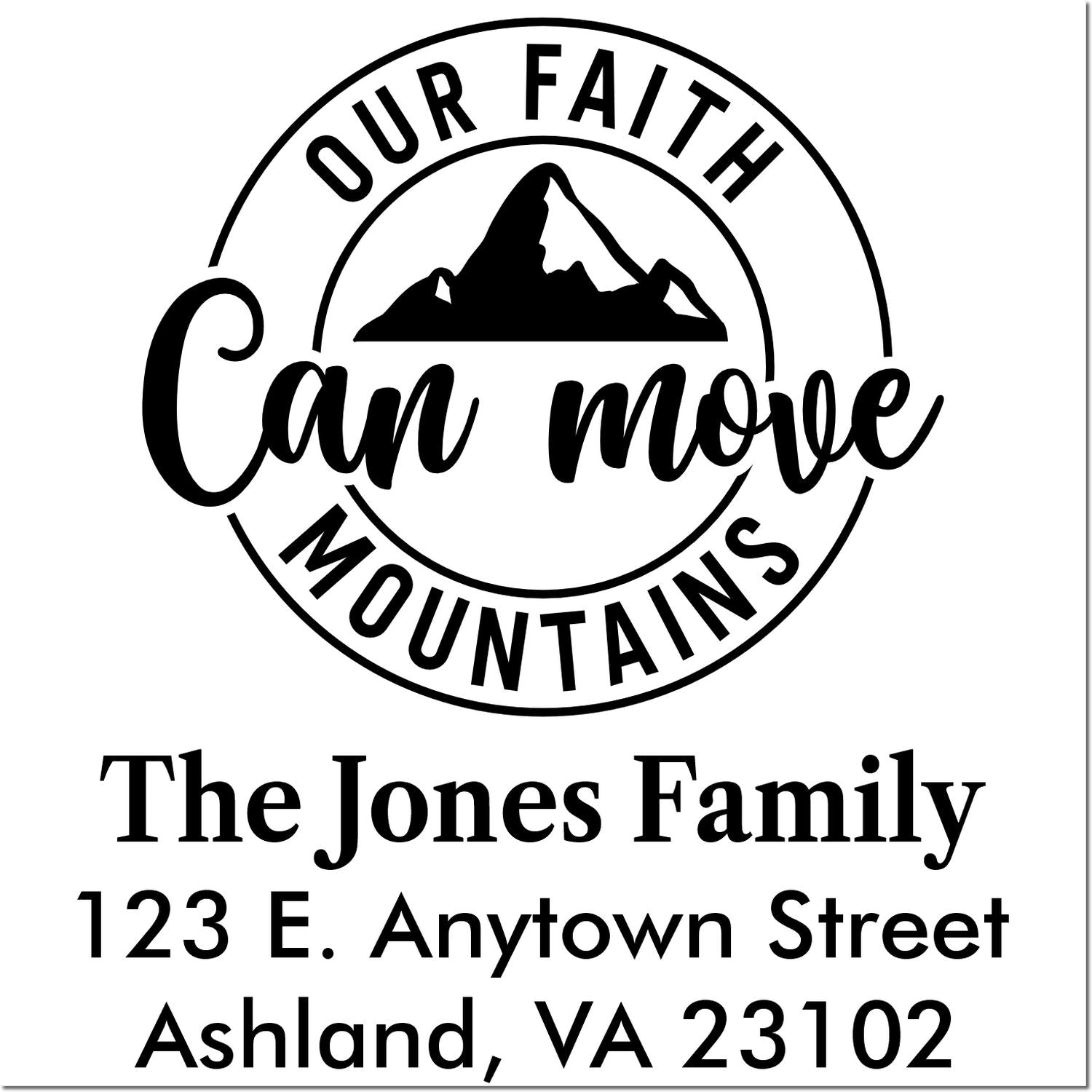 Custom faith-inspired rubber address stamp for The Jones Family with mountain design and personalized mailing address.