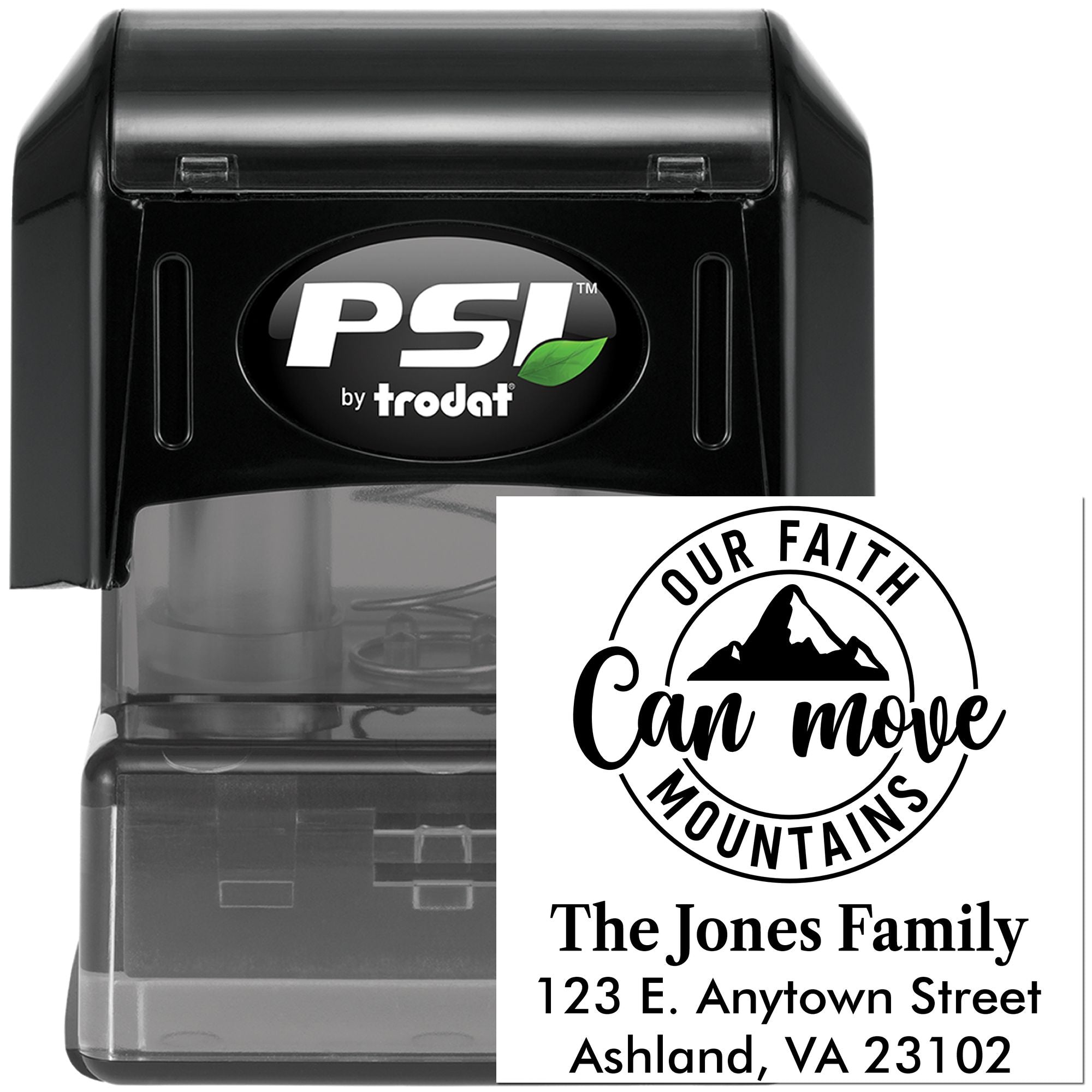 Custom self-inking rubber stamp by PSI Trodat featuring a faith quote, family name, and address design.