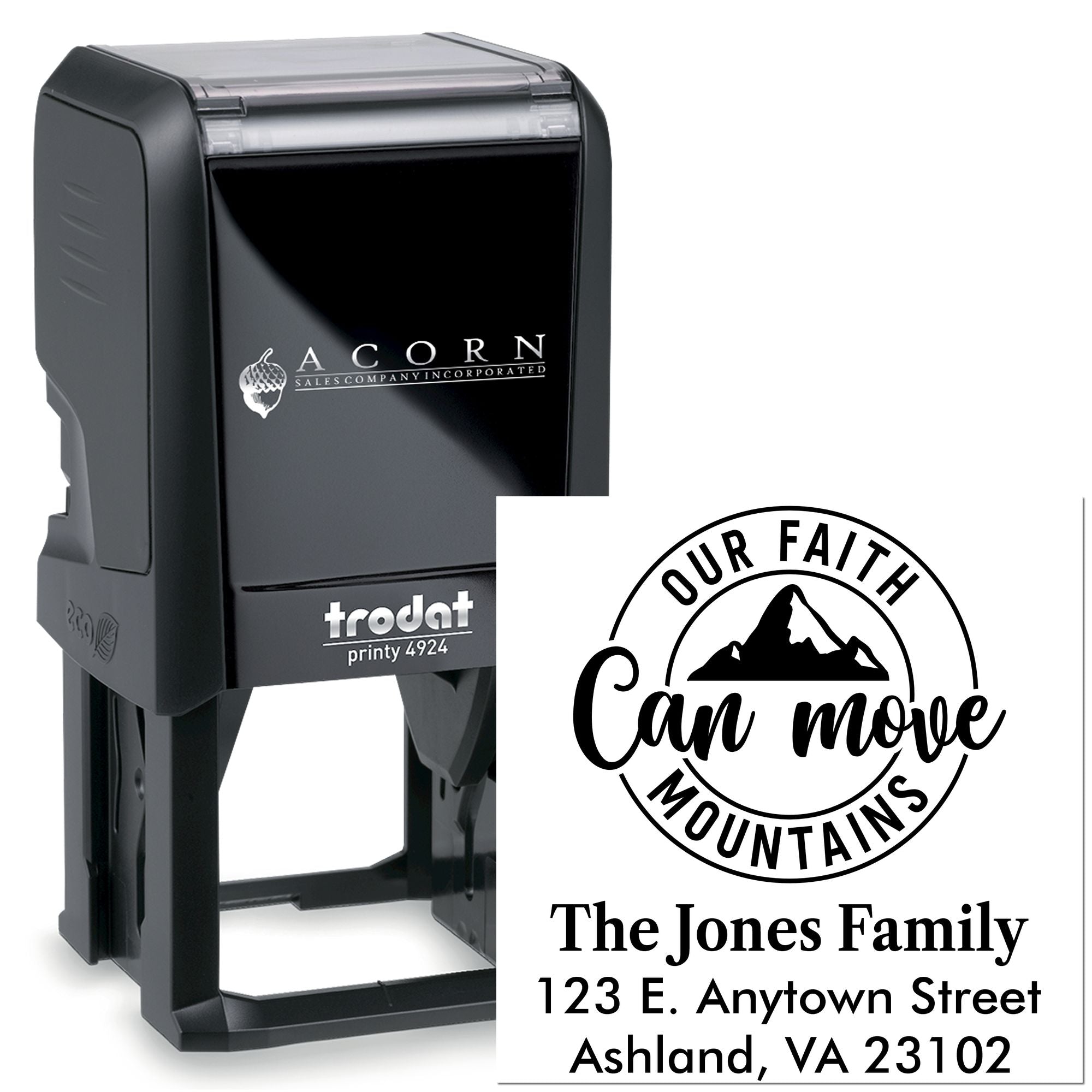 Custom self-inking rubber stamp with Our Faith Can Move Mountains design, family name, and address for personalized mailing.