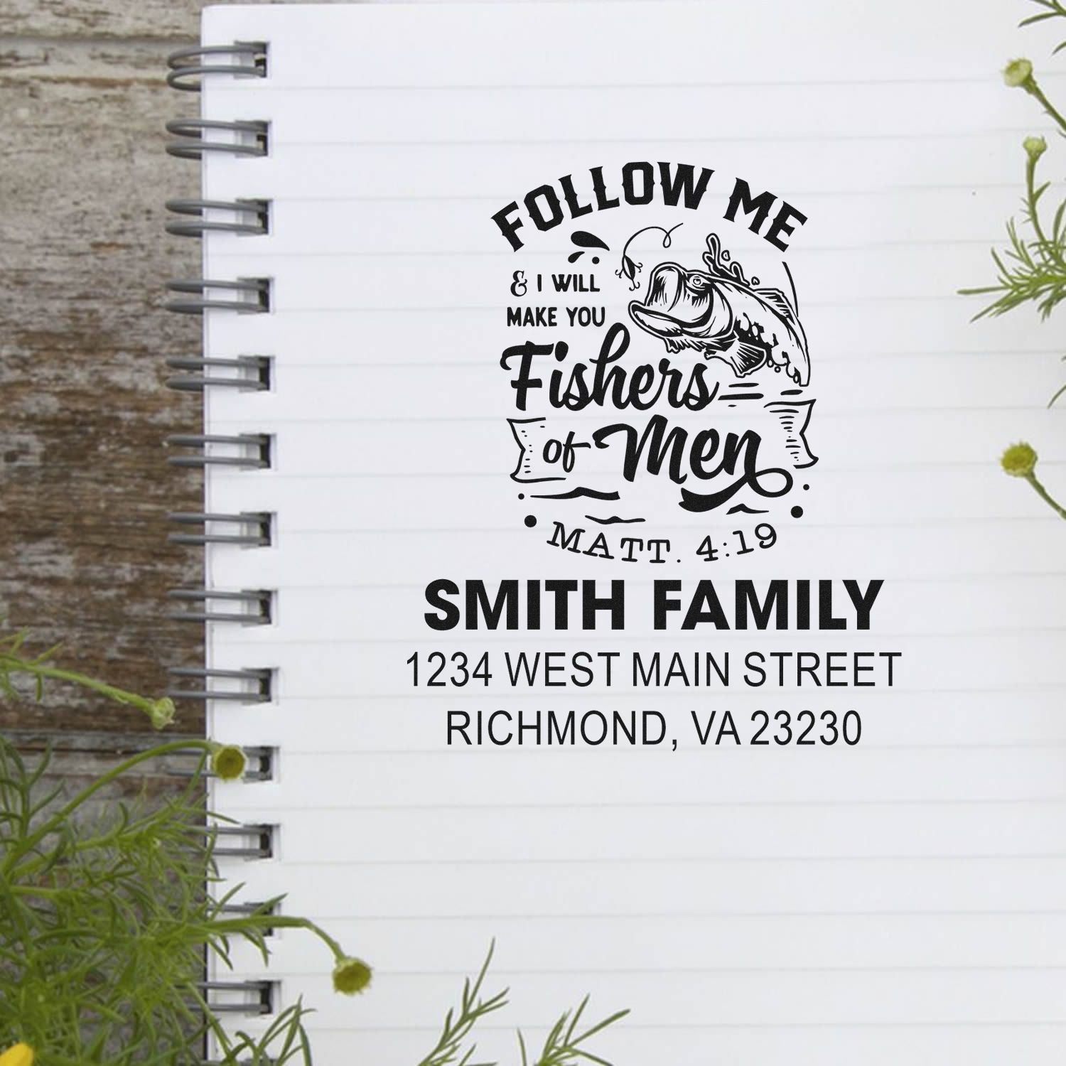 Custom fishing family return address rubber stamp with Follow Me Bible verse, Smith family name, and address.