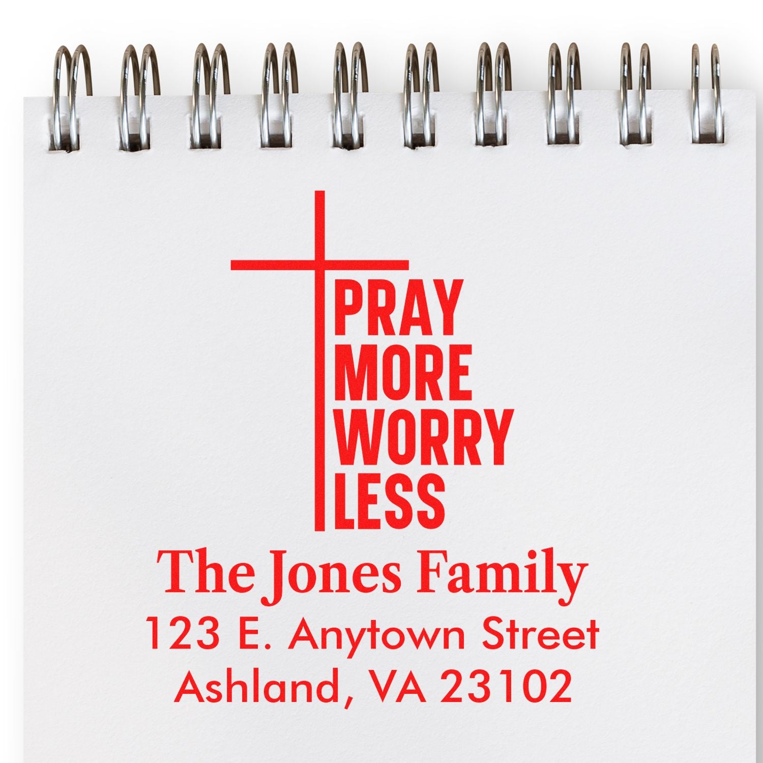 Personalized Christian address rubber stamp with cross and Pray More, Worry Less design for family mailings.