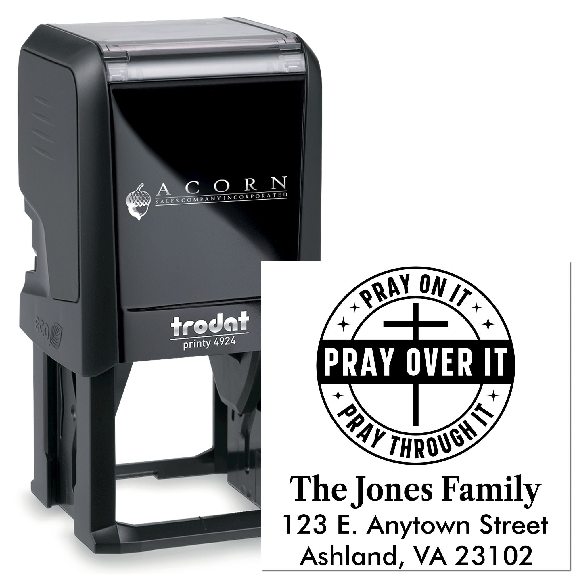 Trodat self-inking rubber stamp with custom Christian Pray on it, Pray over it, Pray through it family address design.