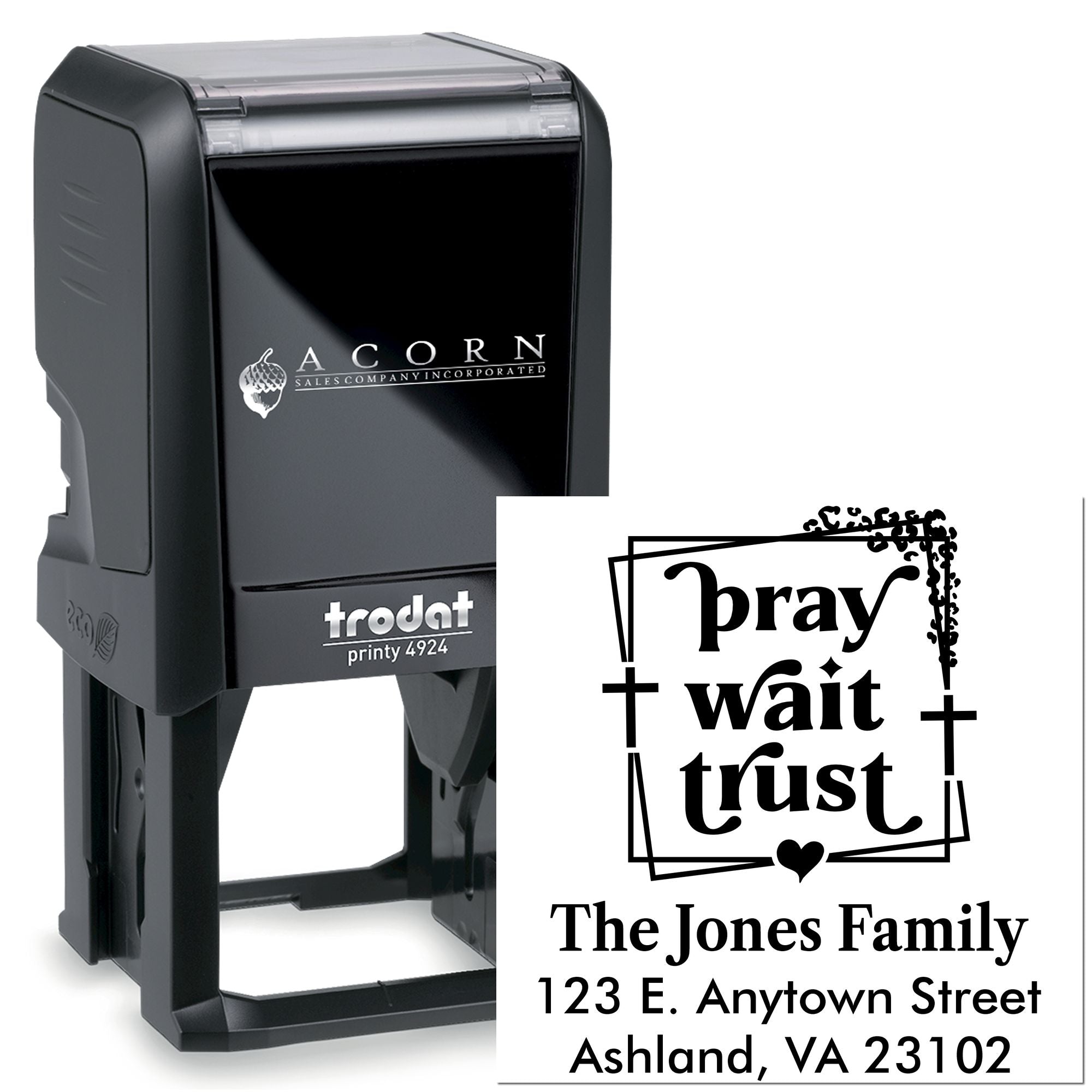 Custom religious self-inking rubber stamp with Pray Wait Trust design and family return address.