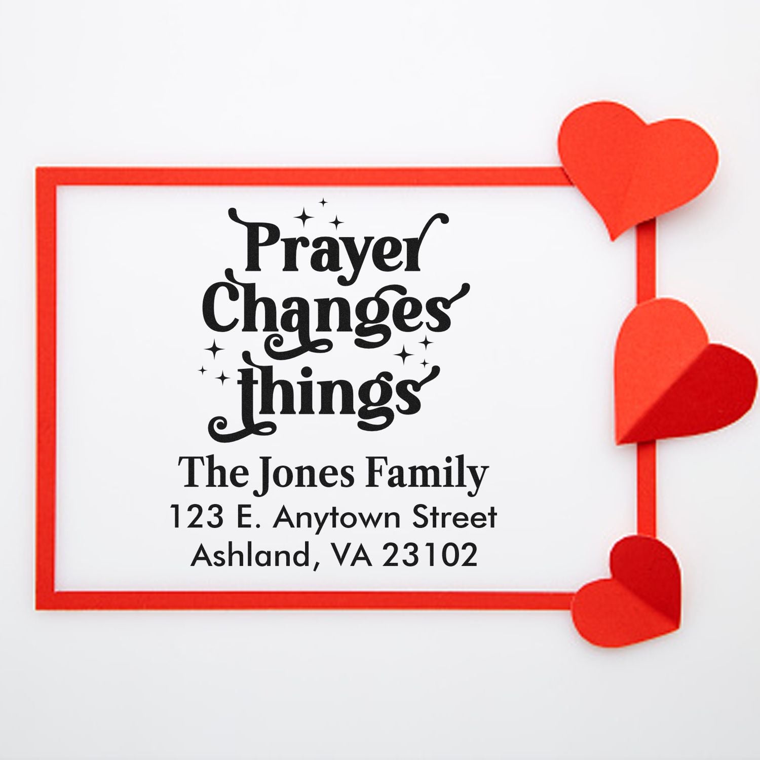 Custom rubber return address stamp with Prayer Changes Things design, family name, and mailing address.