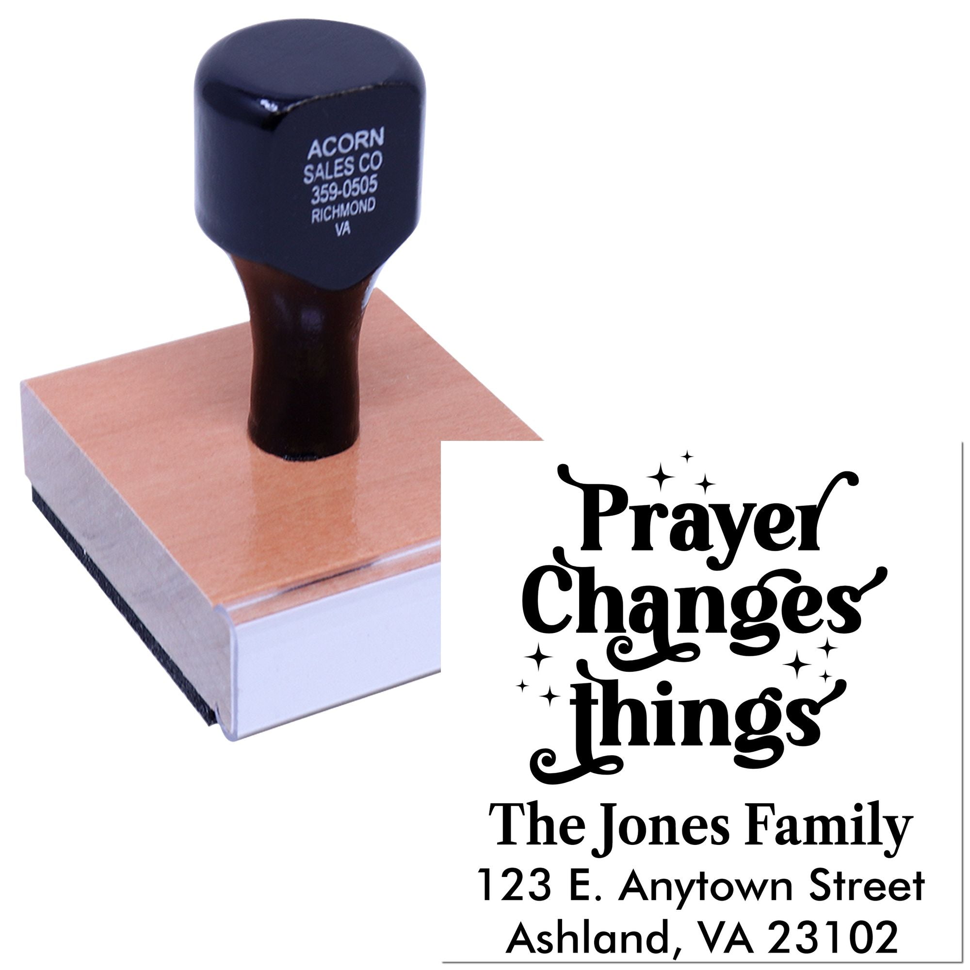 Custom rubber stamp with Prayer Changes Things design and family address for church or inspirational stationery.