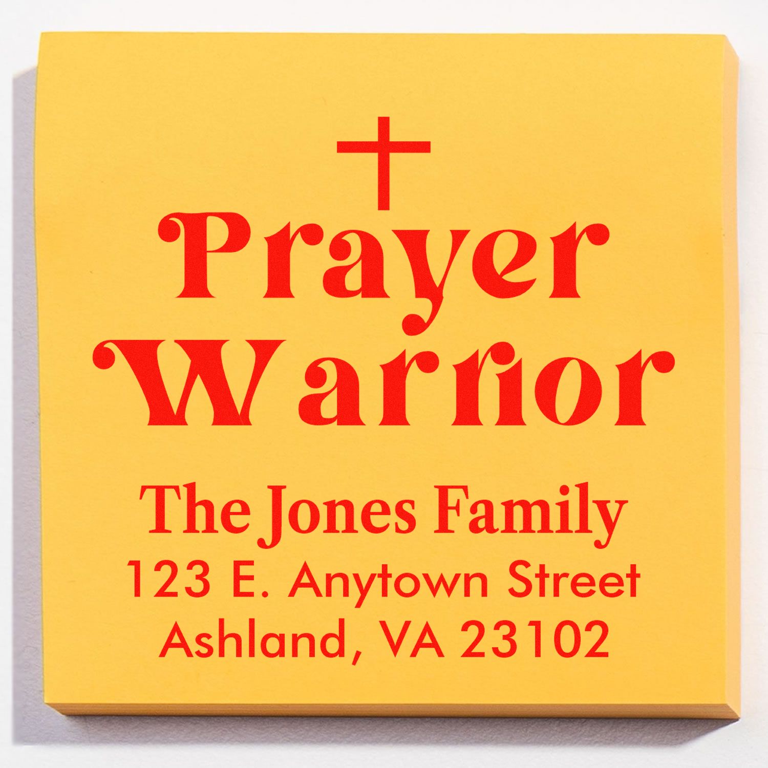 Custom Christian prayer warrior return address rubber stamp with cross for The Jones Family, Ashland VA.