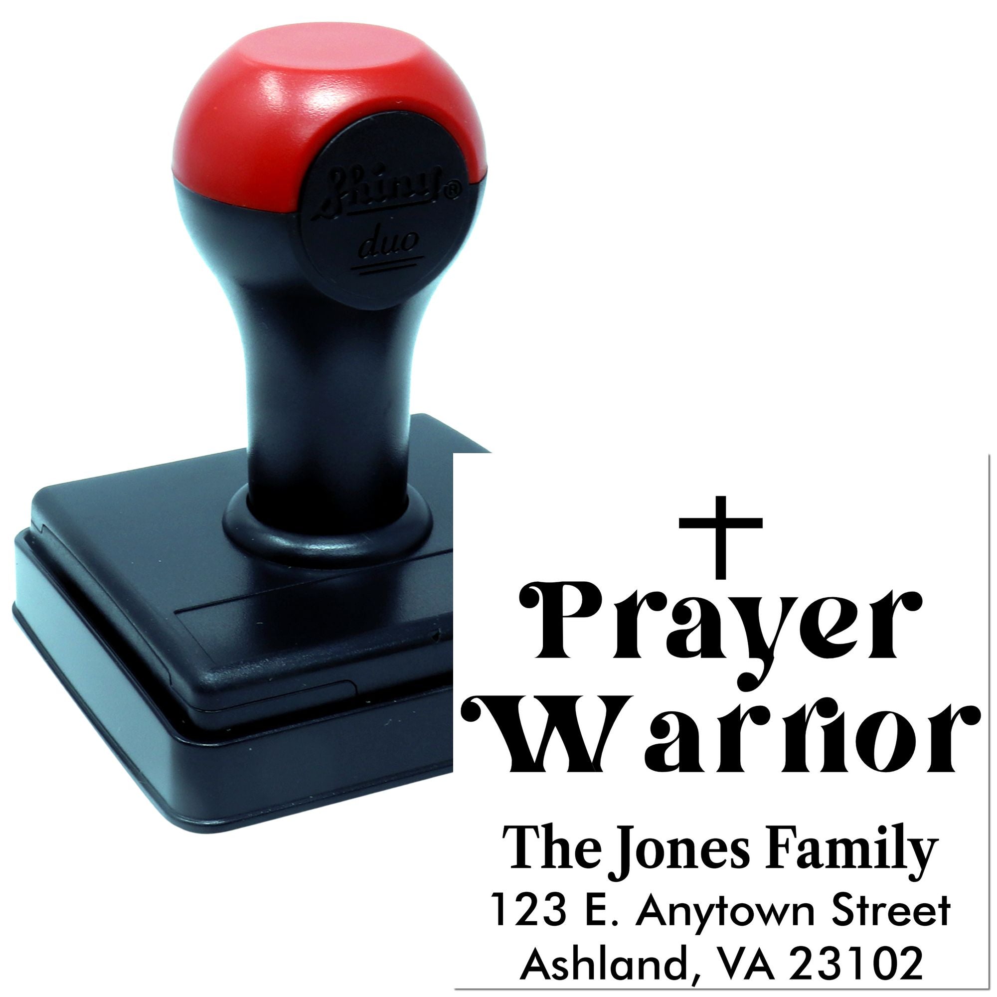 Custom self-inking address rubber stamp with Prayer Warrior design and Jones Family name.