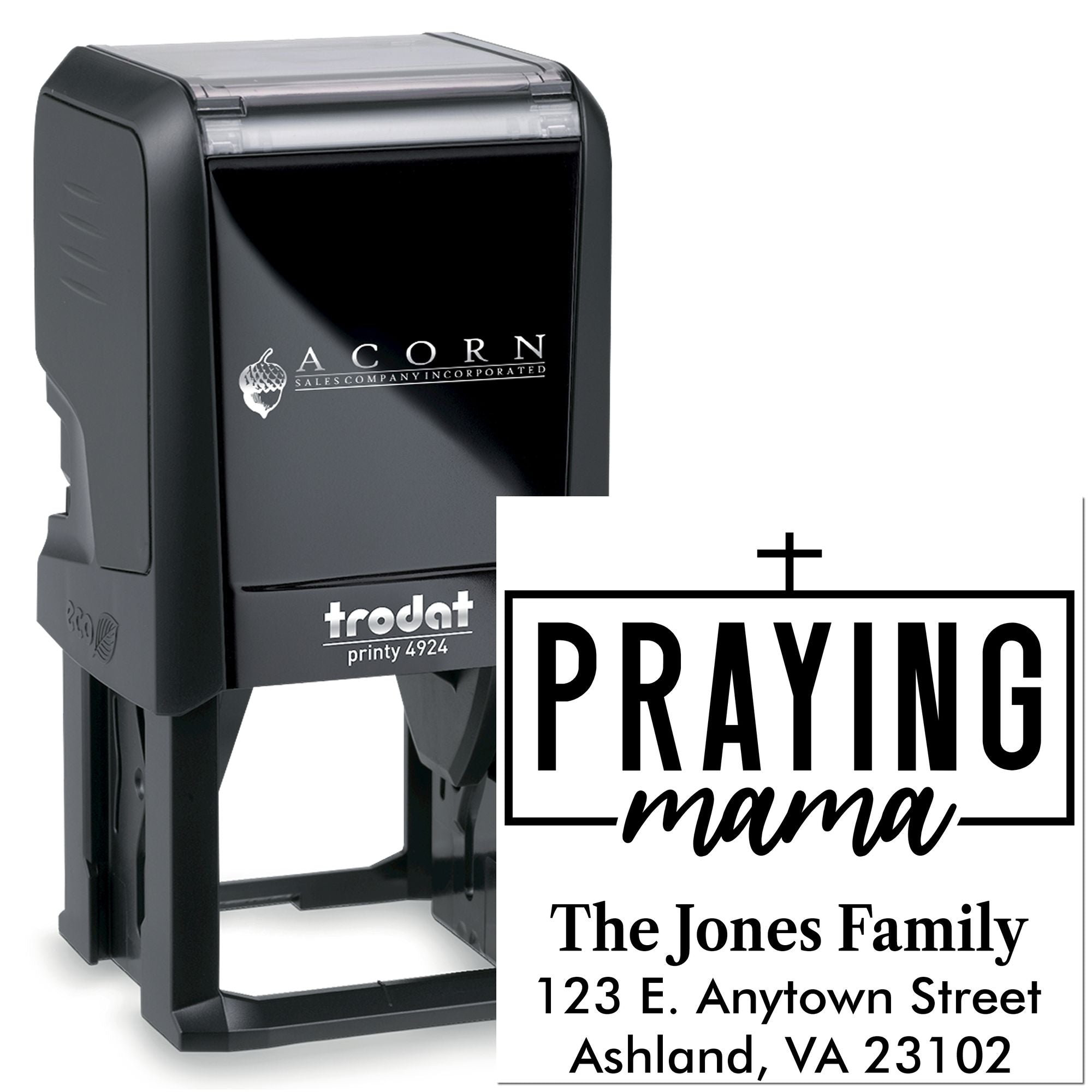 Custom self-inking rubber stamp with Praying Mama design and family address for personalized mailing labels.