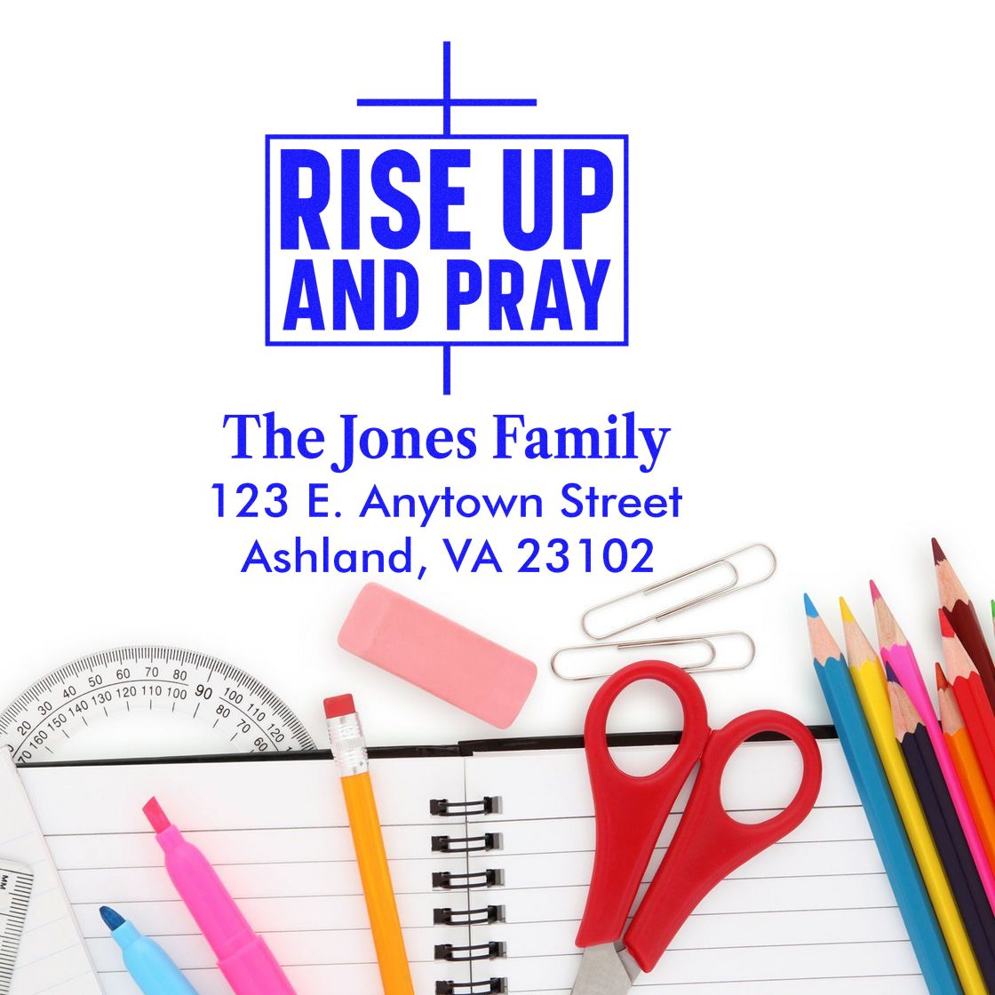 Custom rubber stamp with cross logo and Rise Up and Pray text for The Jones Family return address imprint.
