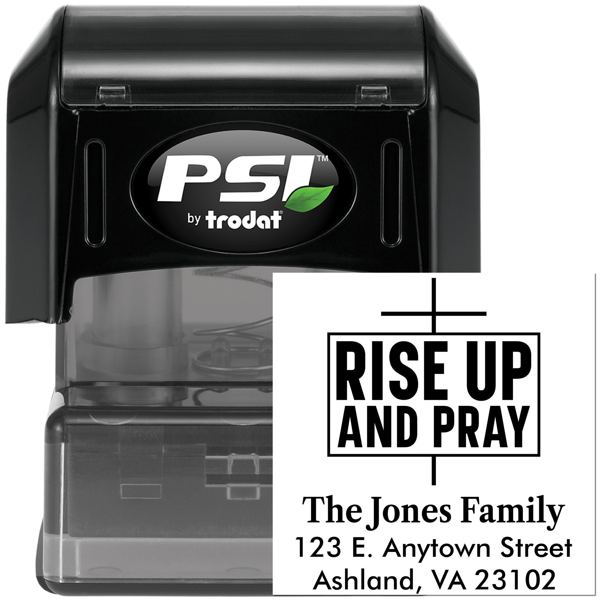 PSI by Trodat self-inking rubber stamp with custom Christian Rise Up and Pray return address design.