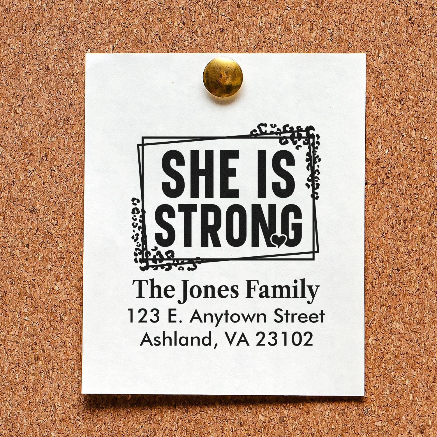 Custom rubber stamp with She Is Strong design and family return address for stationery, cards, or gift packaging.