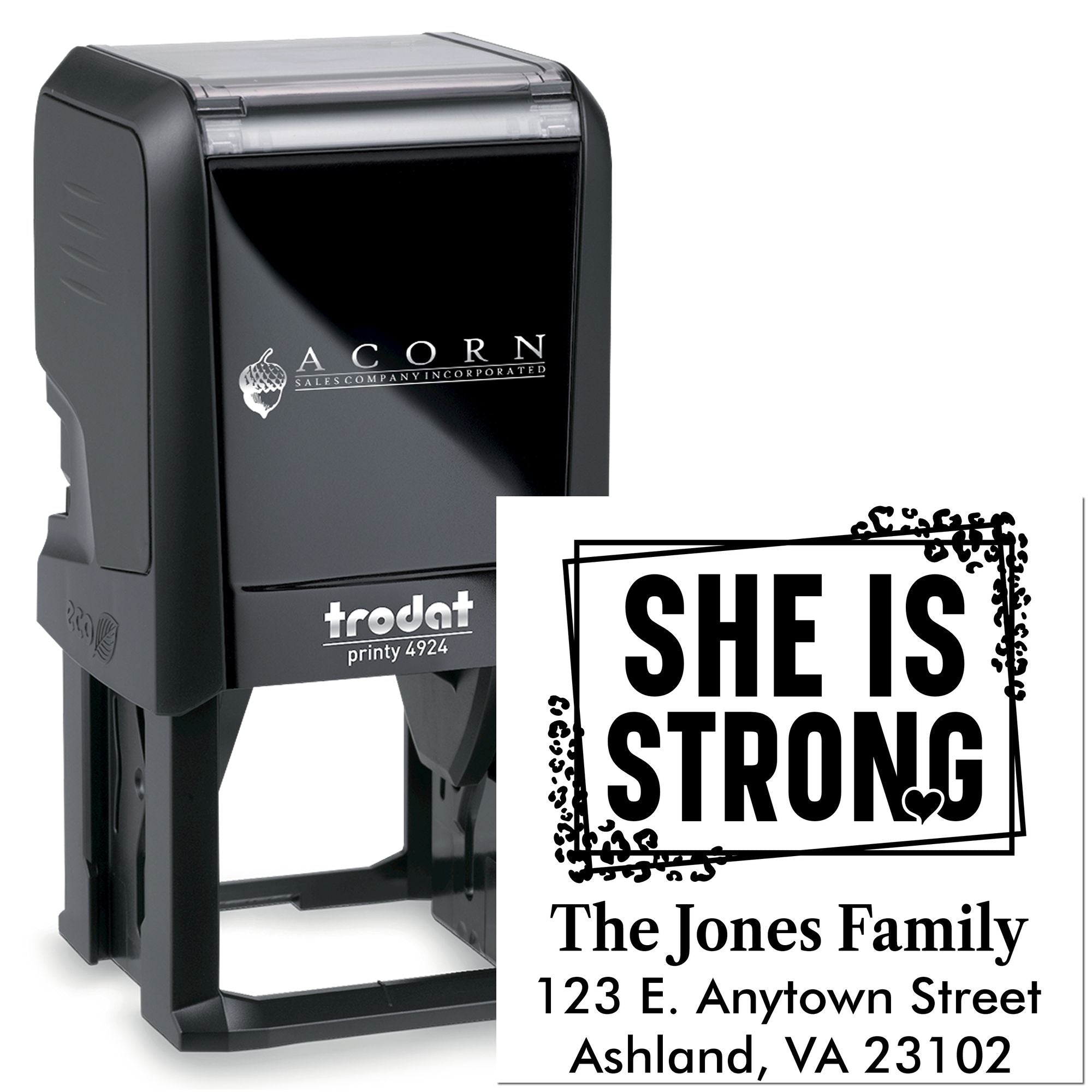 Custom self-inking rubber stamp with She Is Strong design and return address for personalized mailings.