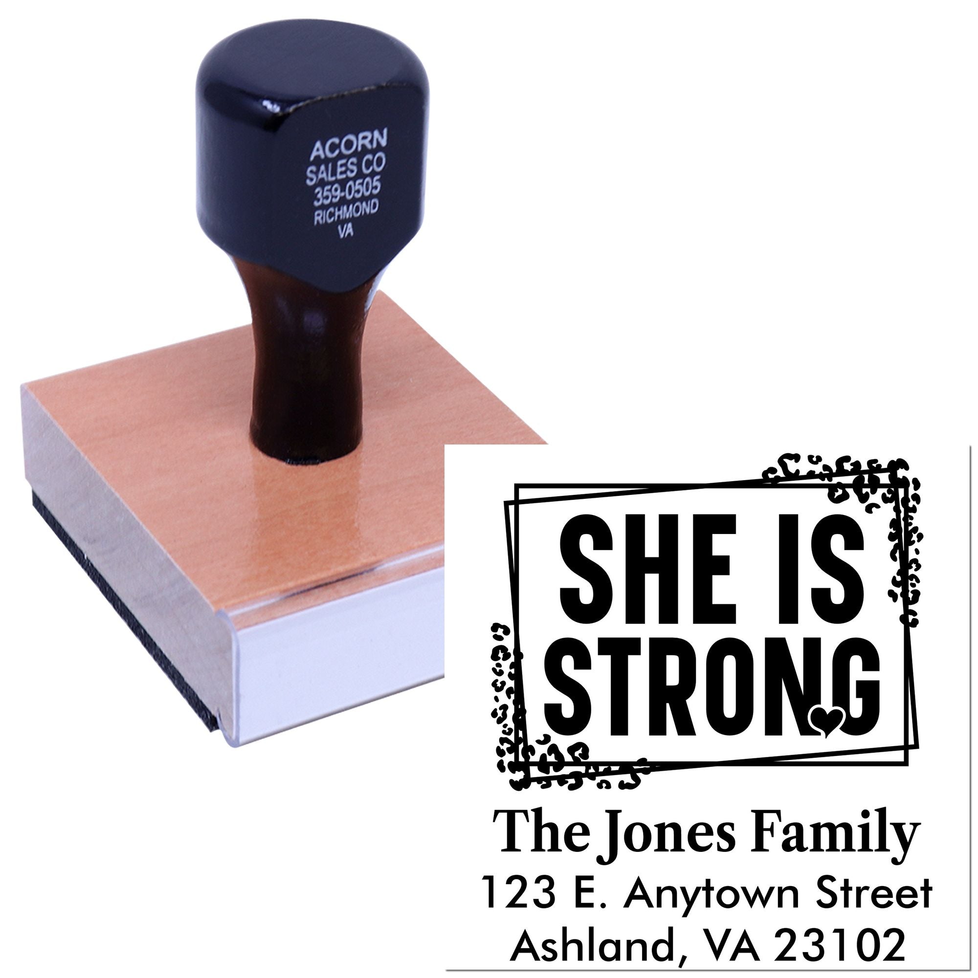 Custom address rubber stamp with She Is Strong design and family address for personalized mailing.