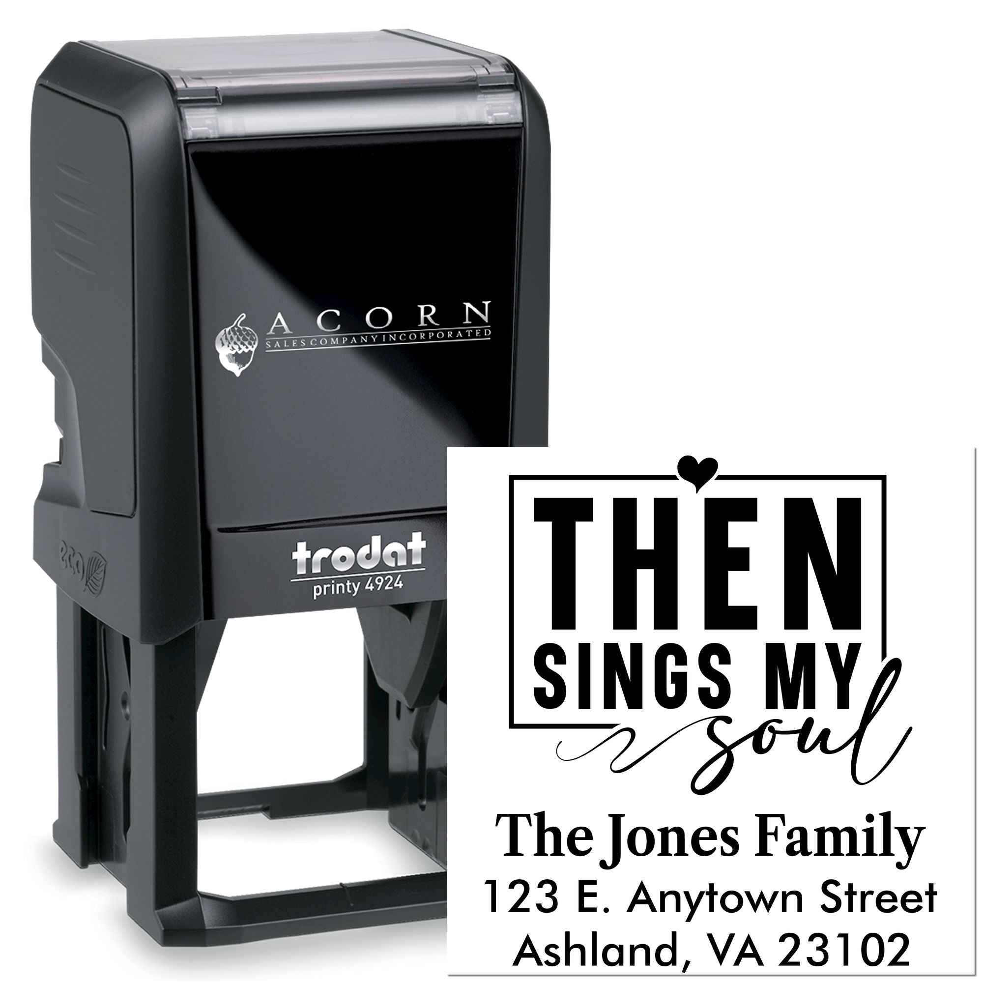 Custom self-inking rubber stamp with Then Sings My Soul design, family name, and address for personalized envelopes.