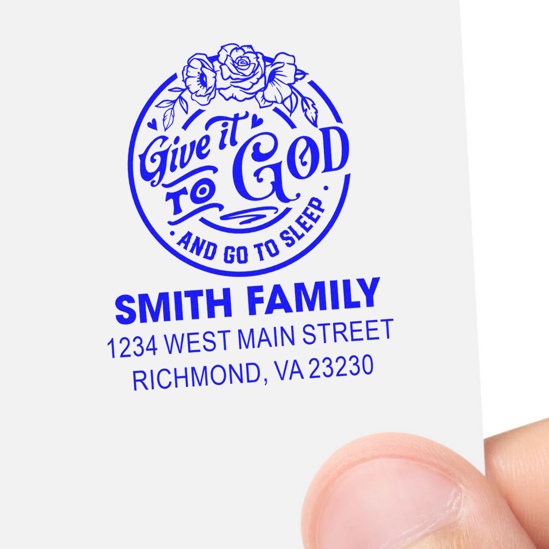 Personalized Smith family return address rubber stamp with floral Give it to God and go to sleep design, Richmond VA.