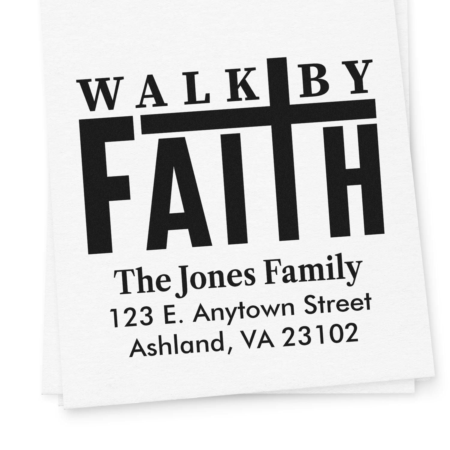 Custom Walk by Faith rubber address stamp with family name and return address for Christian stationery and mail.