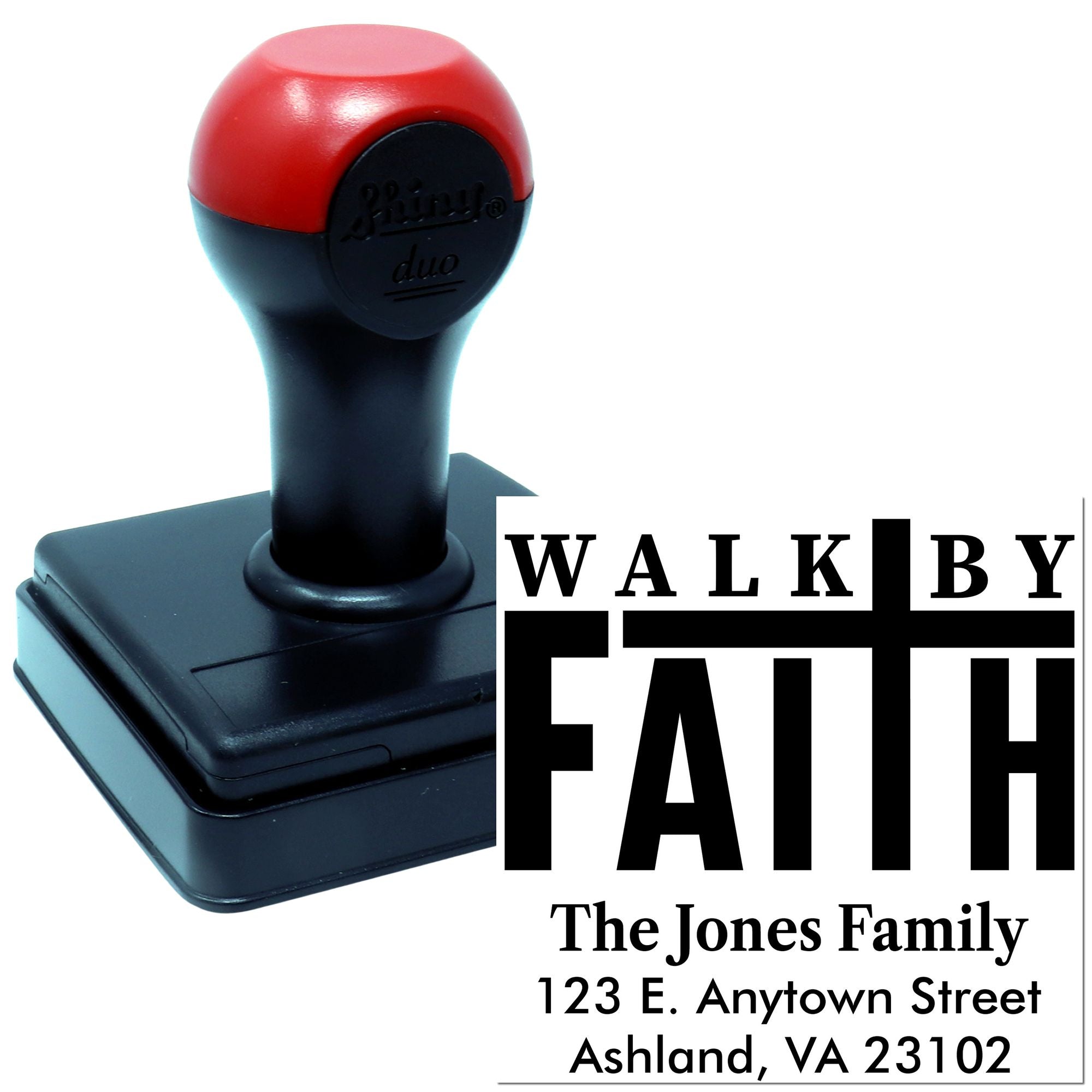 Custom rubber stamp with Walk By Faith return address imprint for The Jones Family, Ashland, VA 23102.