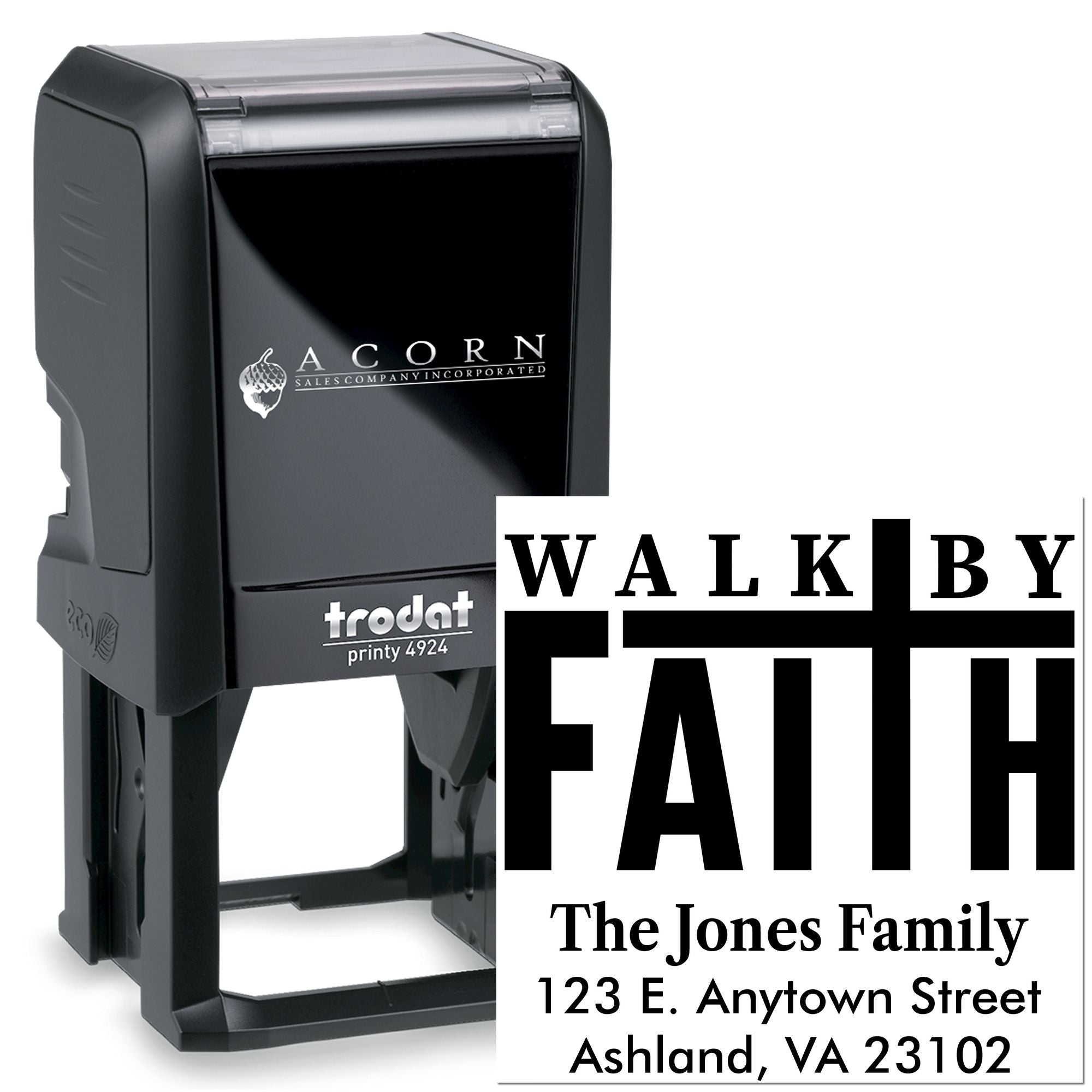 Custom self-inking rubber stamp with Walk By Faith family address design for church mailing and return-address use.