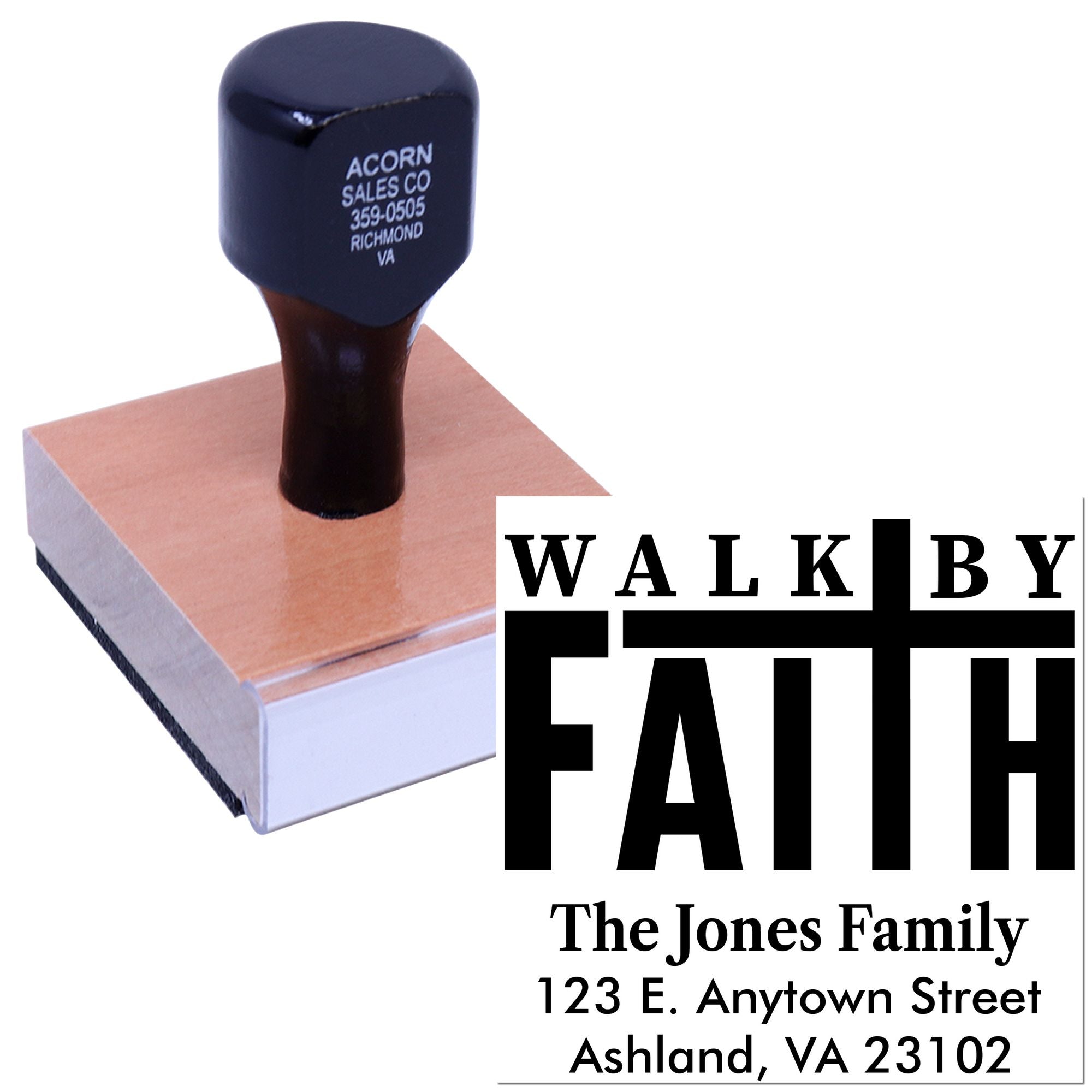 Custom Walk By Faith return address rubber stamp for The Jones Family, Ashland VA, with wood-mounted stamp handle.