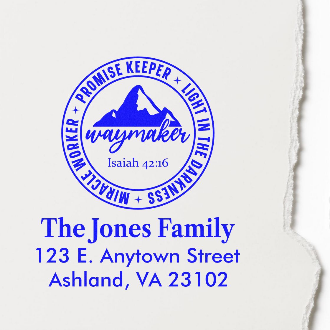 Personalized religious return address rubber stamp with Waymaker logo, Isaiah 42:16, and Jones family address.