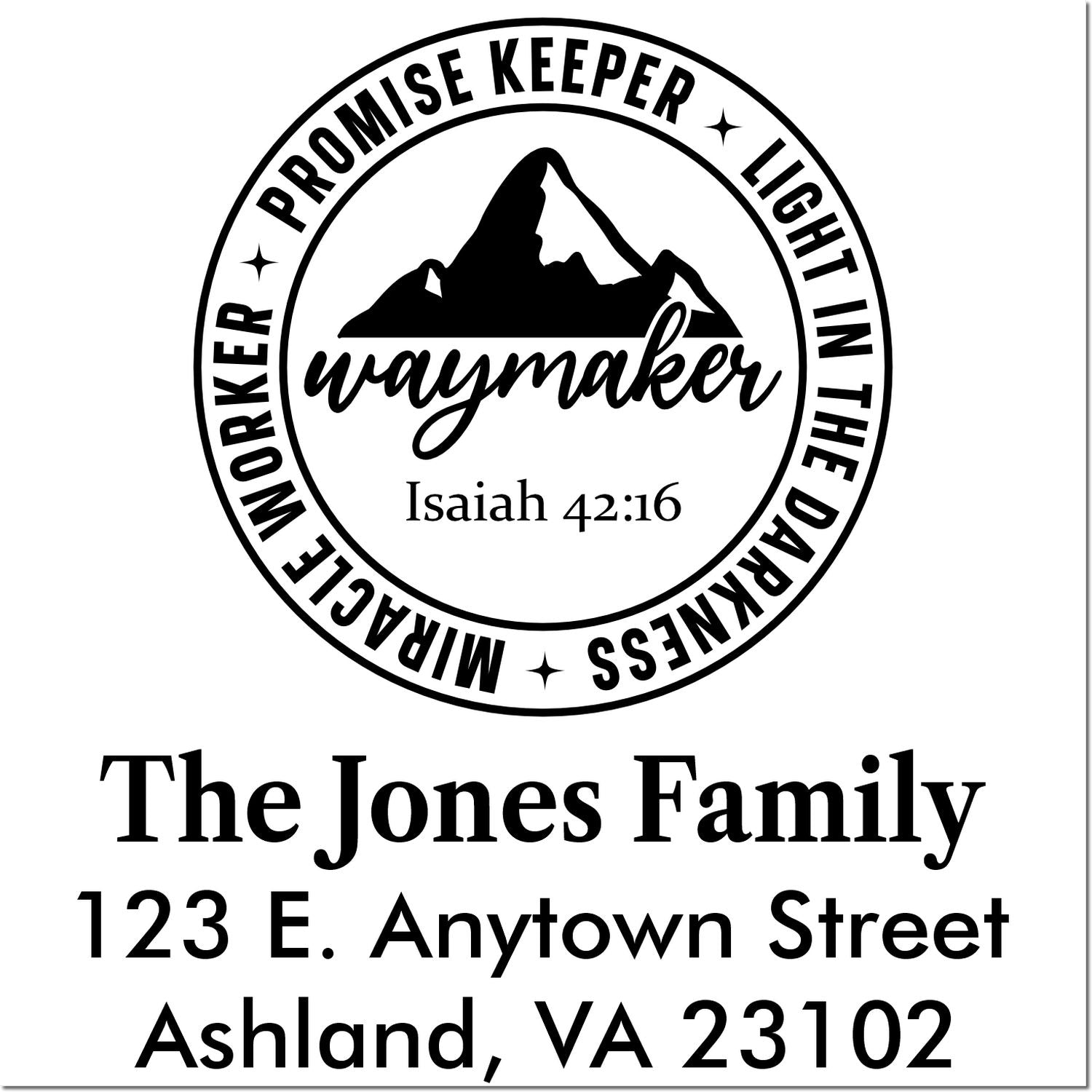 Personalized Christian return address rubber stamp with Waymaker mountain design and Isaiah 42:16 for family mailings.