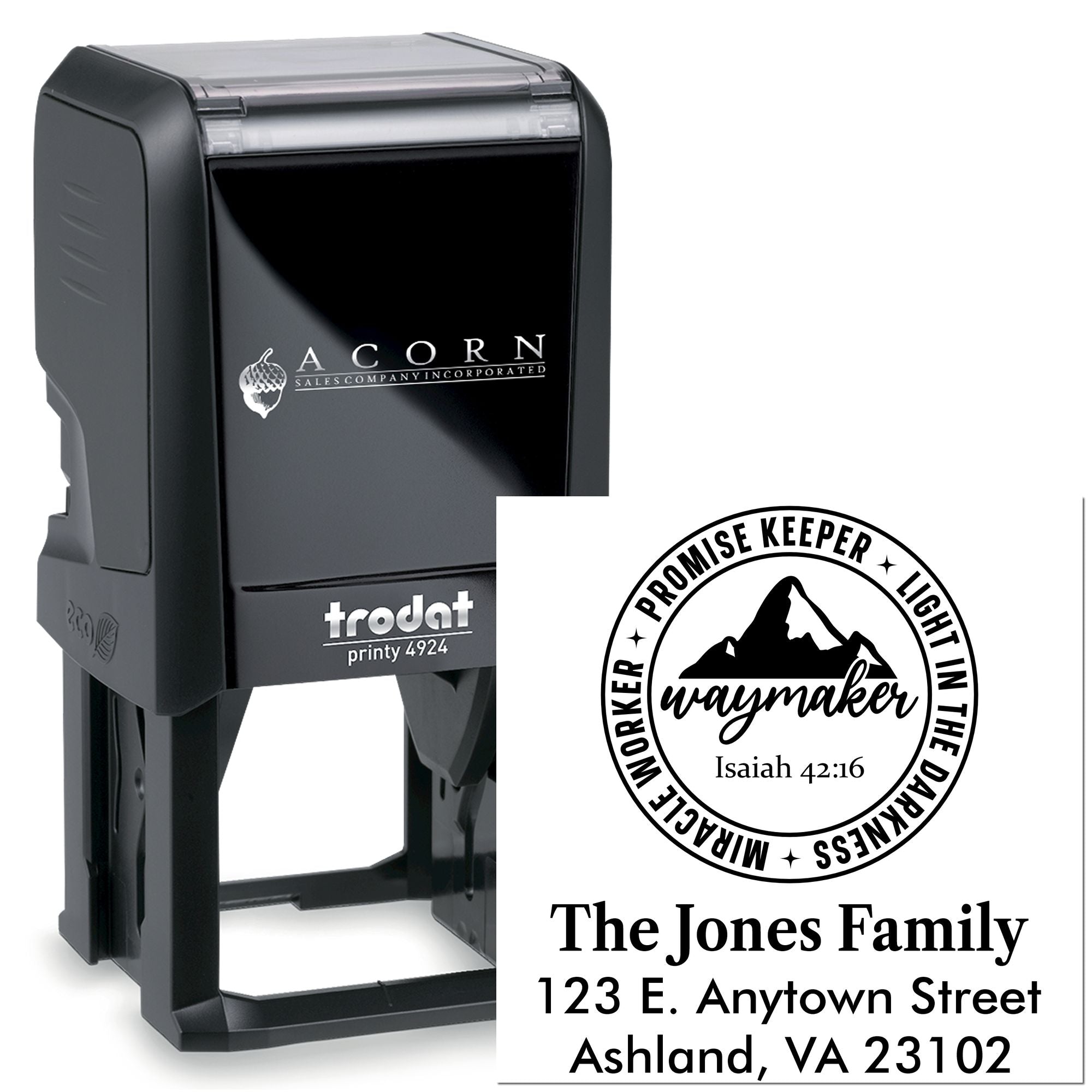 Custom self-inking rubber stamp with family address and Bible verse logo, Promise Keeper, Light in the Darkness.