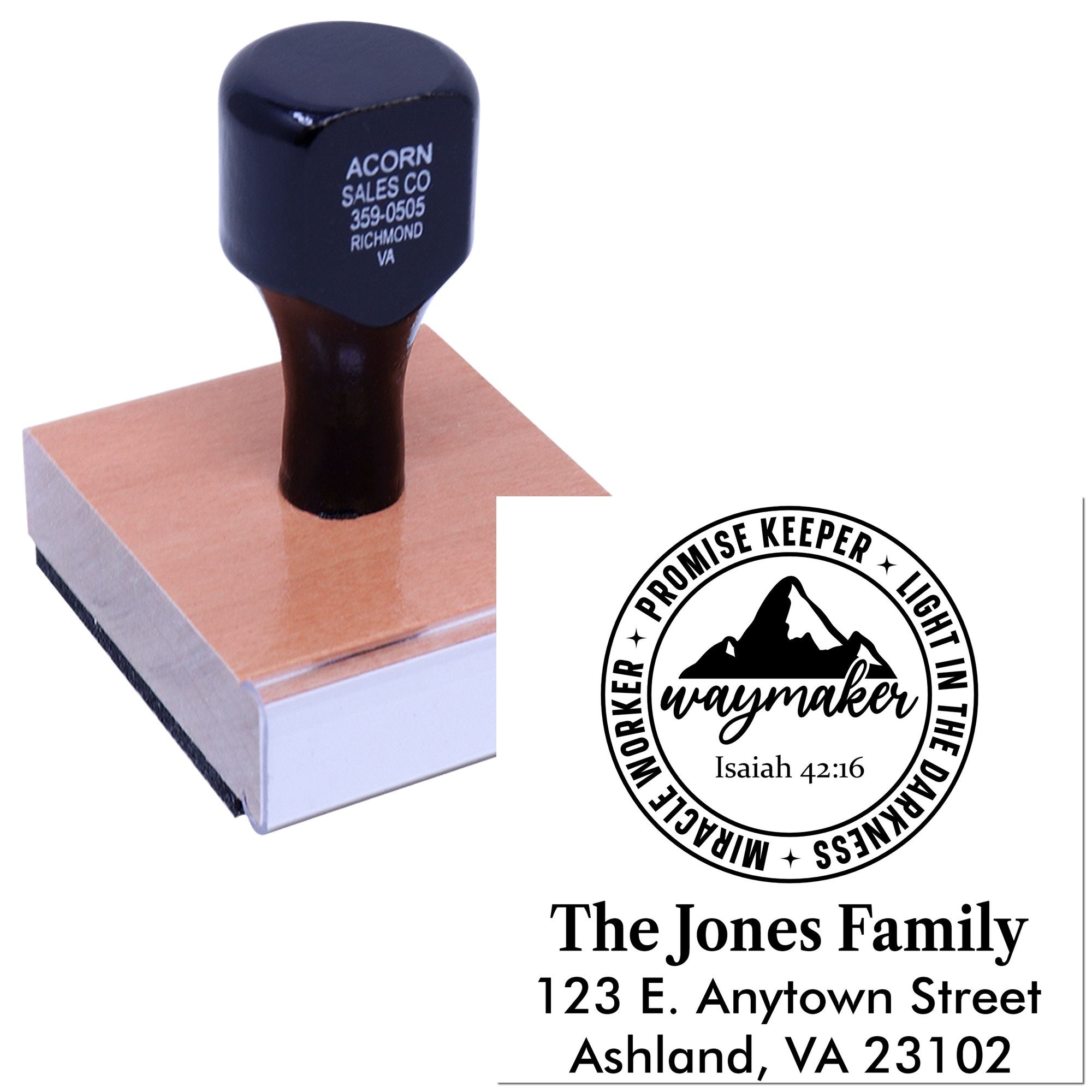 Custom return address rubber stamp featuring a Christian Waymaker family design for personalized mailing and home use.
