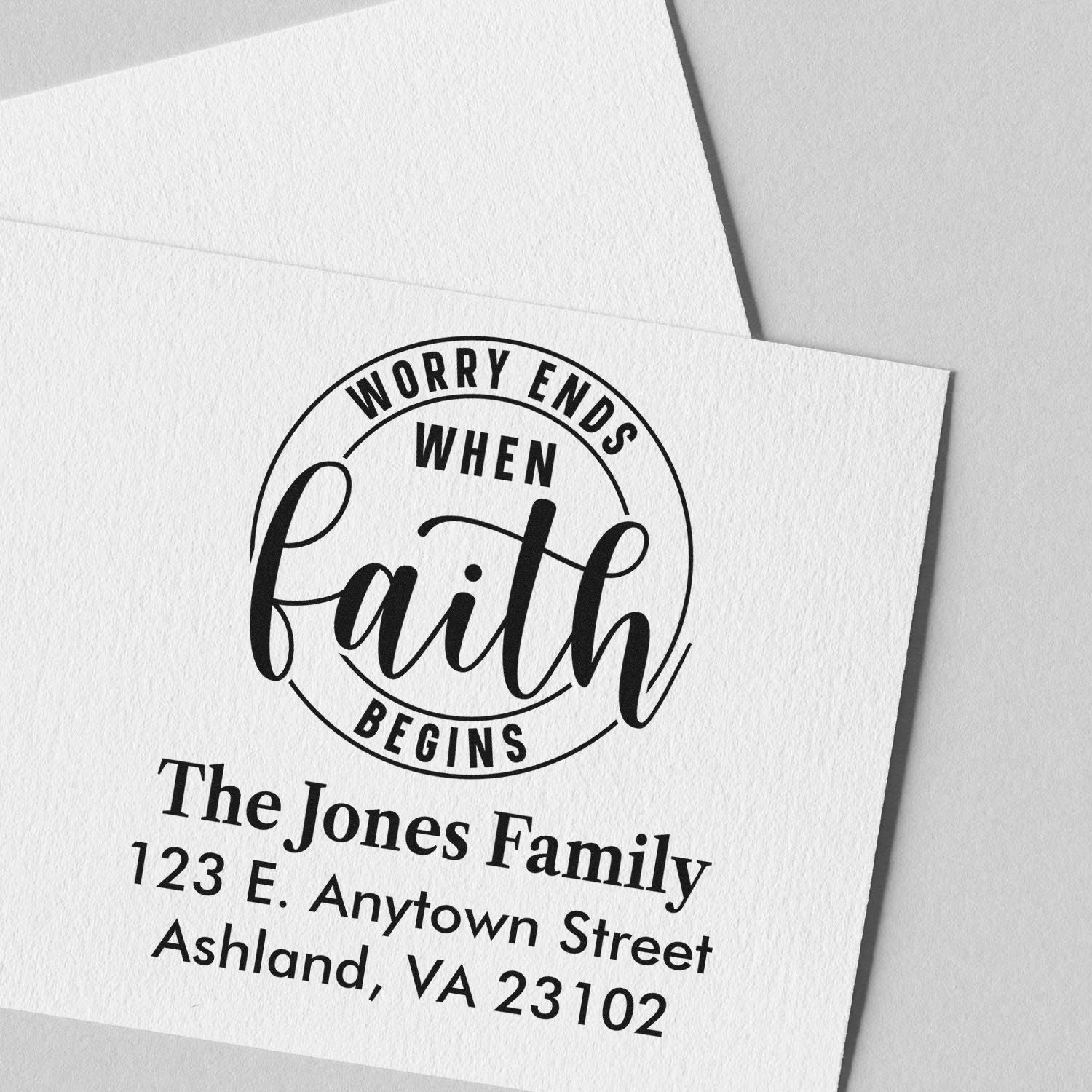 Custom family return address rubber stamp with faith quote, Worry ends when faith begins, for envelopes and stationery.