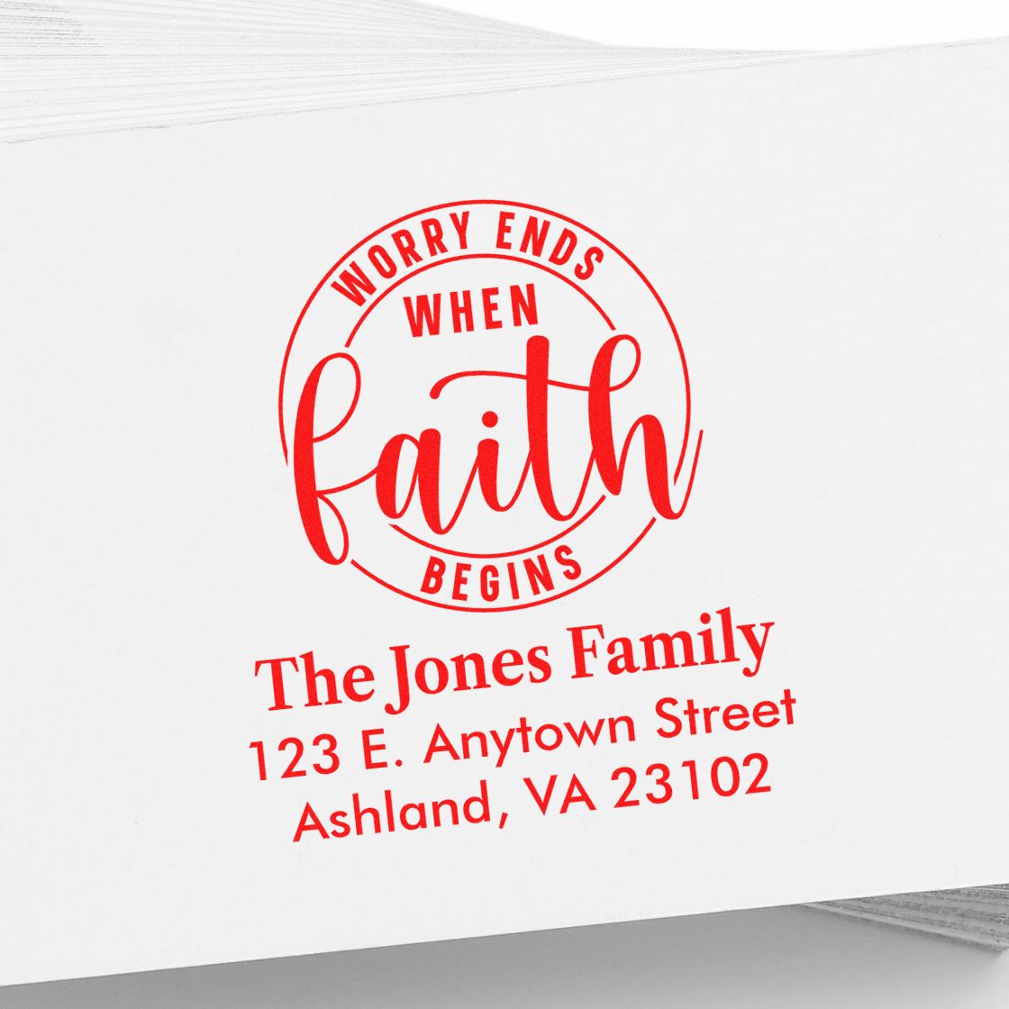 Custom return address rubber stamp with Christian quote Worry ends when faith begins for The Jones Family.
