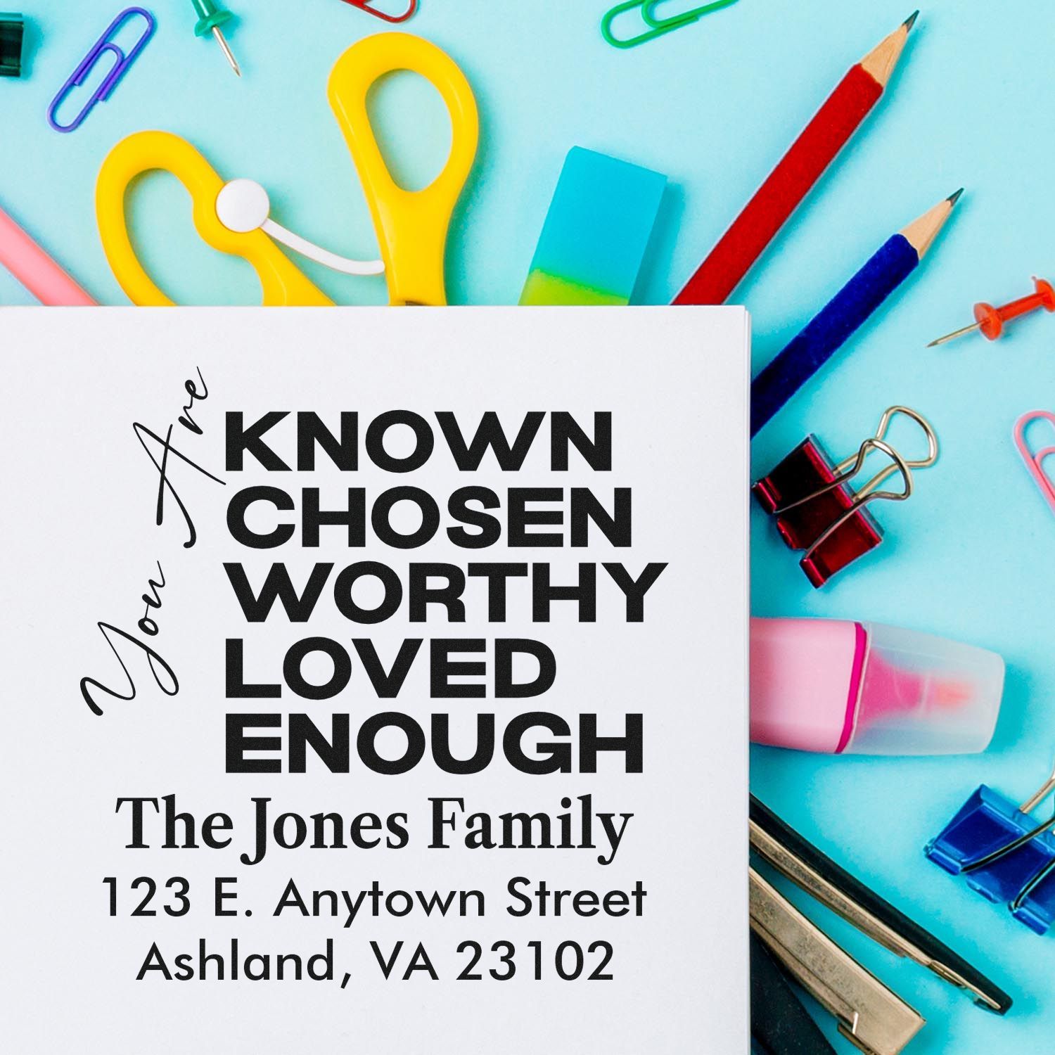 Personalized rubber stamp with affirmation and return address for The Jones Family, ideal for custom home or faith-based stamping.