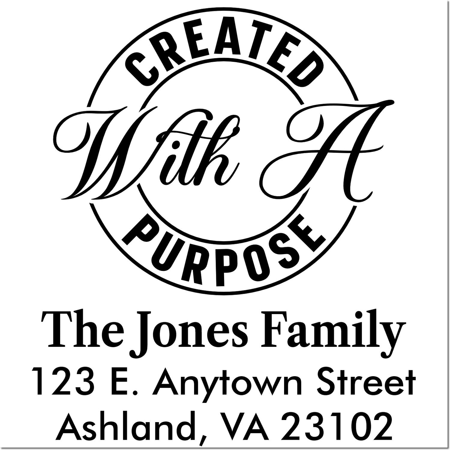 Custom family return address rubber stamp with Created With Purpose logo for The Jones Family, 123 E. Anytown St., Ashland, VA 23102.