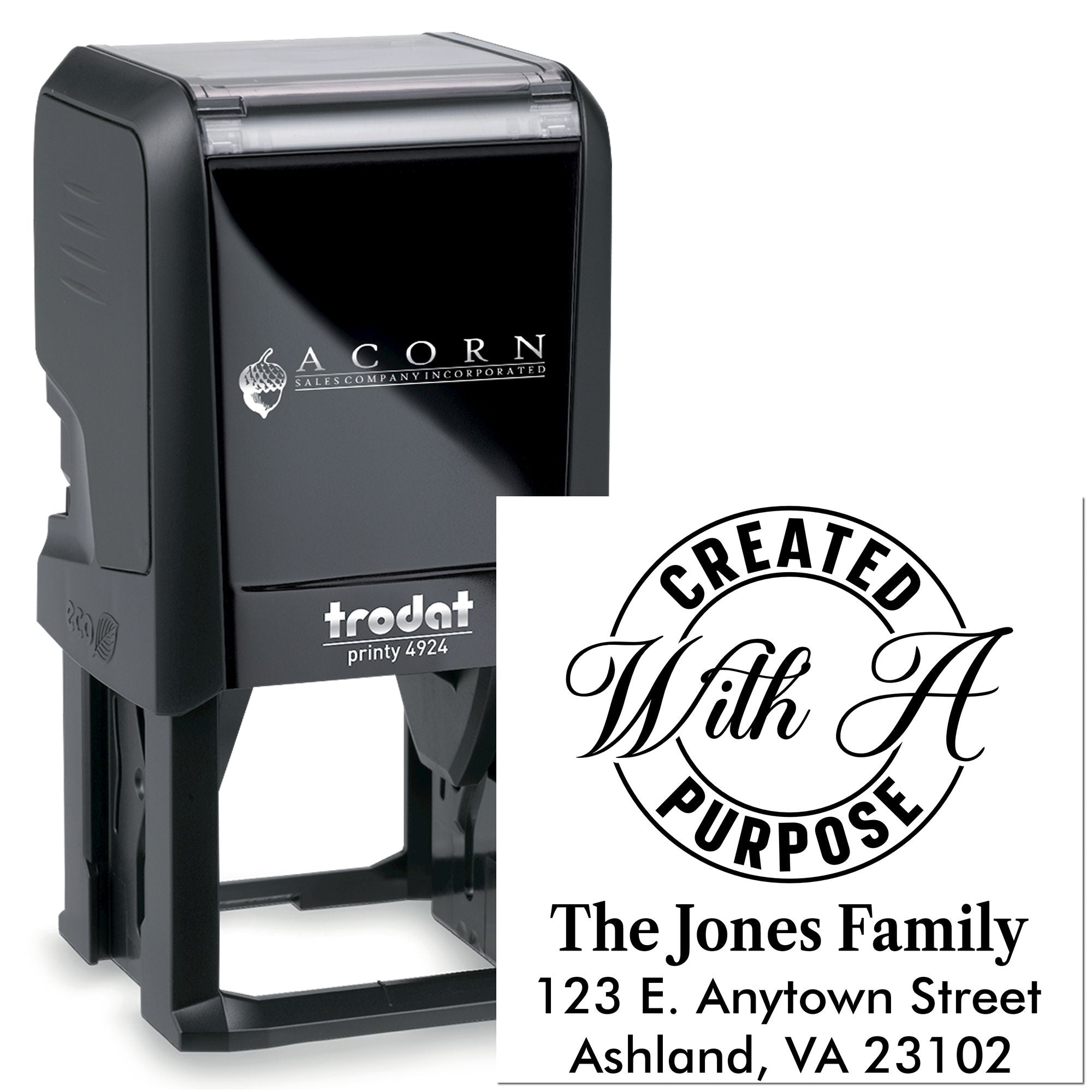 Custom self-inking rubber stamp with personalized family return address design for envelopes, cards, and business mail.