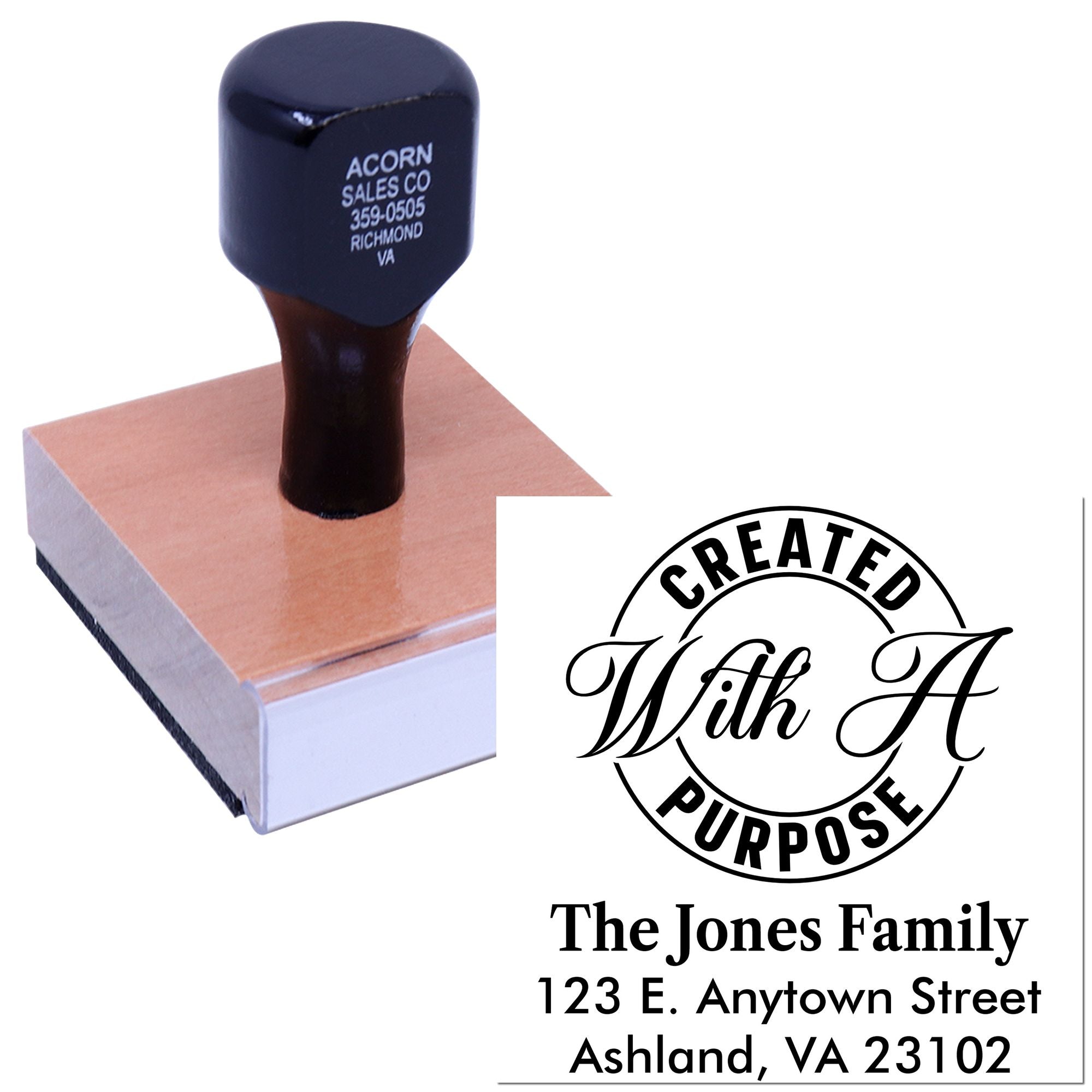 Custom address rubber stamp with self-inking handle and "Created With a Purpose" family return address design for mailings.