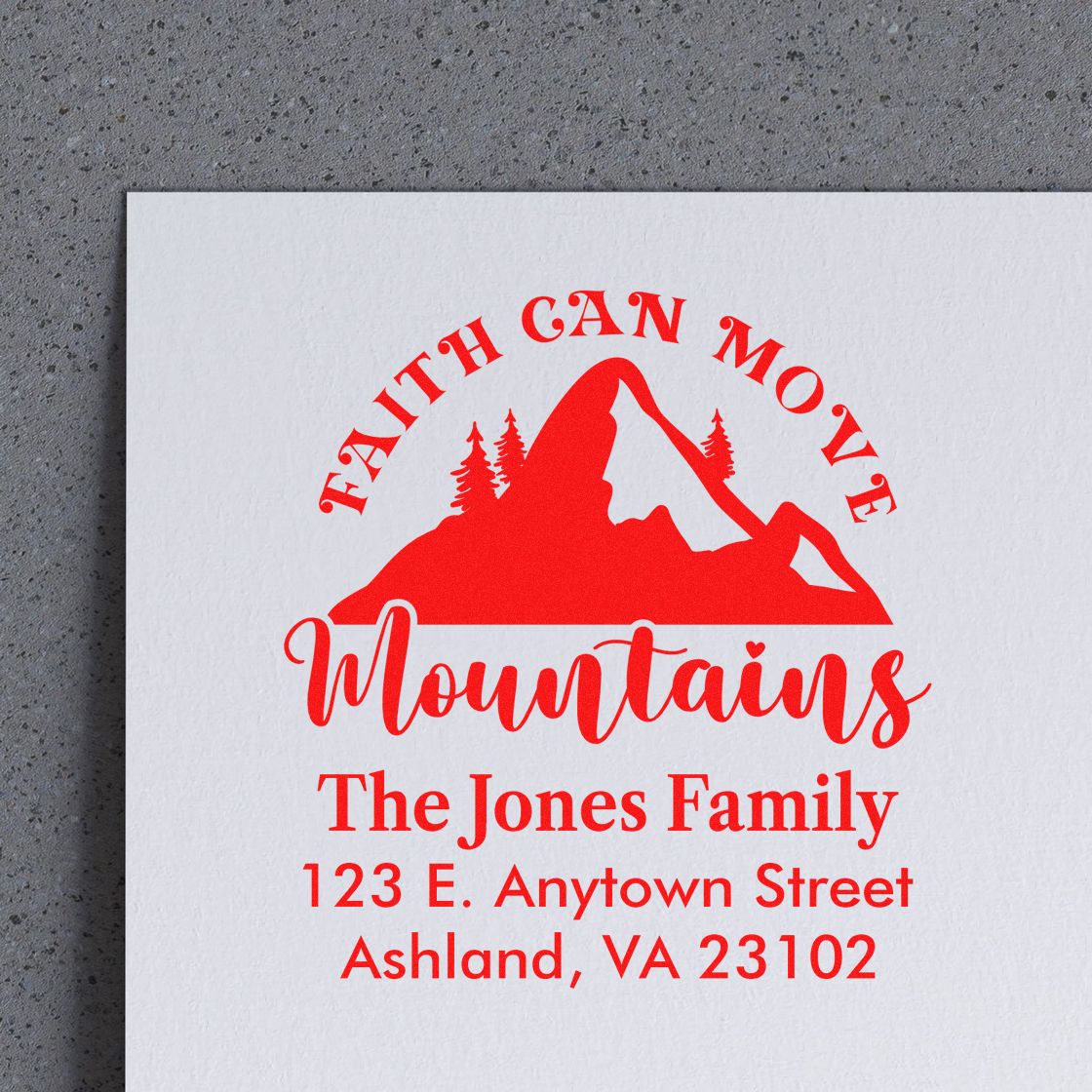 Custom return address rubber stamp with mountain design for The Jones Family, Ashland, VA, ideal for personalized mailings.