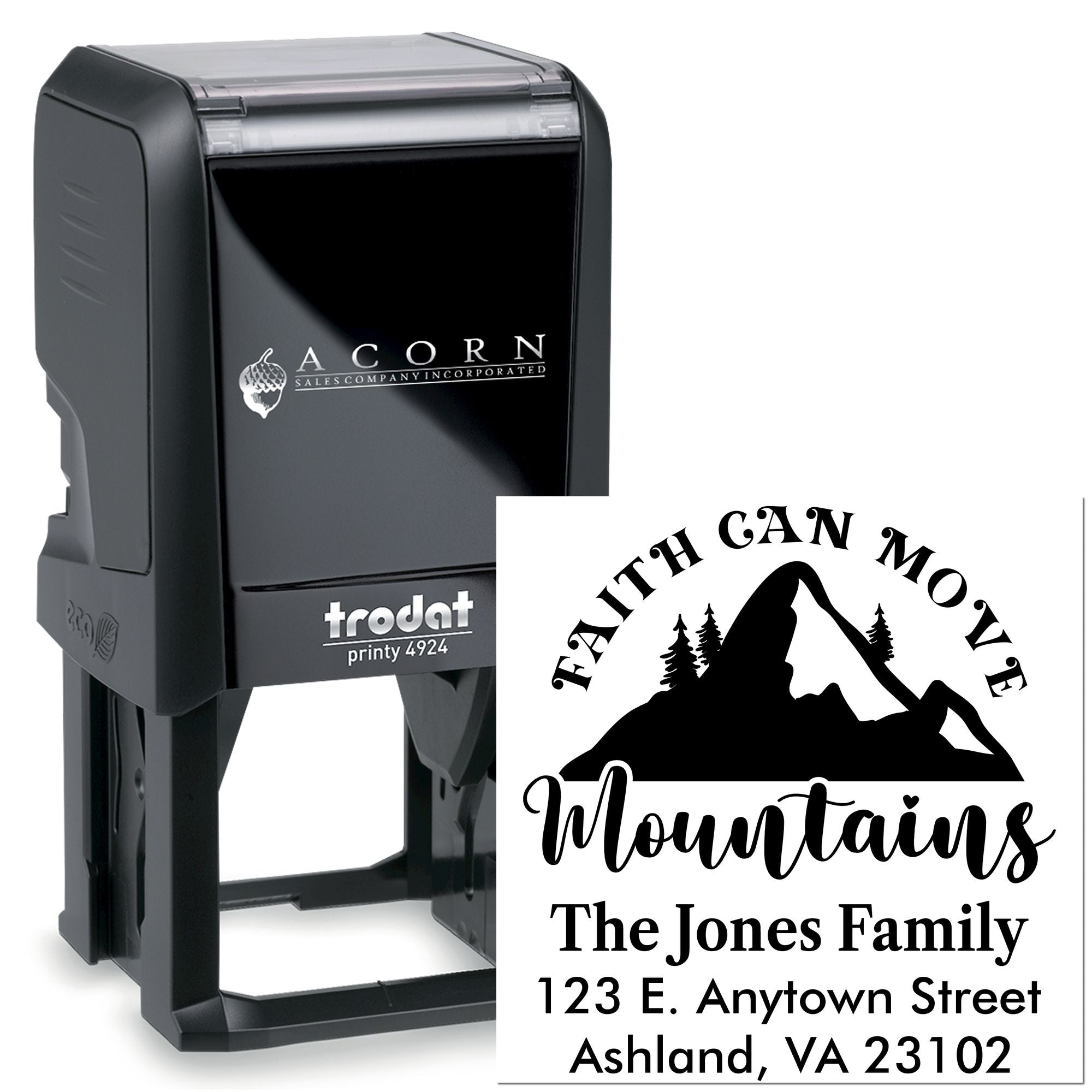 Personalized self-inking rubber address stamp with mountain logo, family name, and return address for custom mail marking.
