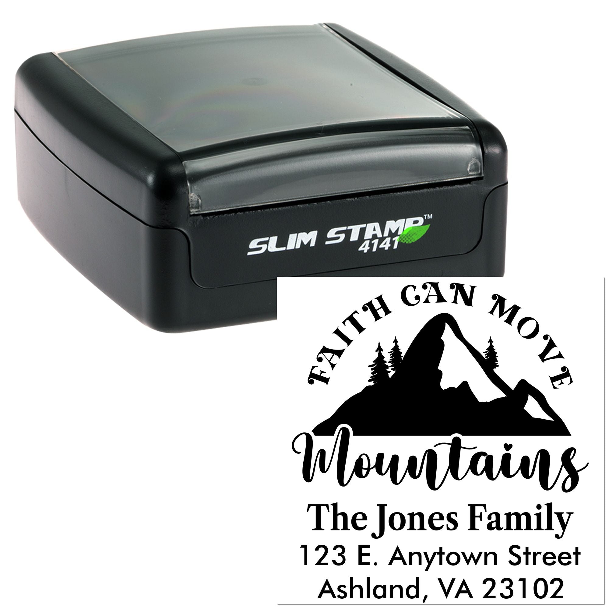 Slim Stamp 4141 self-inking custom address rubber stamp with mountain family design and Faith Can Move Mountains imprint